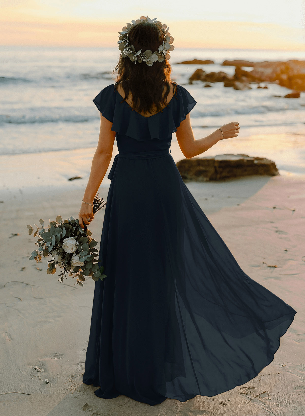 A-Line V-Neck Sleeveless Chiffon Asymmetrical Bridesmaid Dresses With Bow(s), product image 4