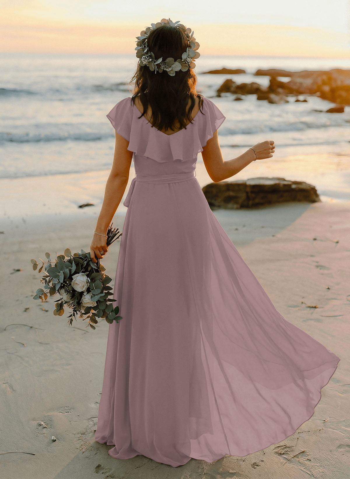 A-Line V-Neck Sleeveless Chiffon Asymmetrical Bridesmaid Dresses With Bow(s), product image 56