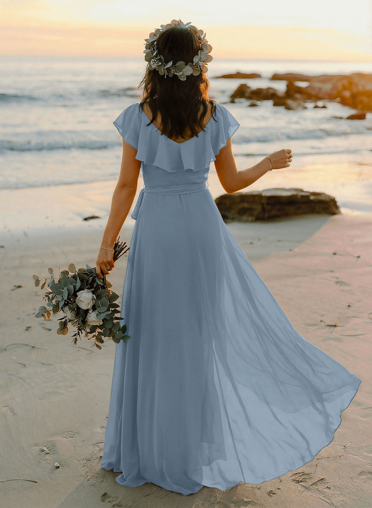A-Line V-Neck Sleeveless Chiffon Asymmetrical Bridesmaid Dresses With Bow(s), product image 8