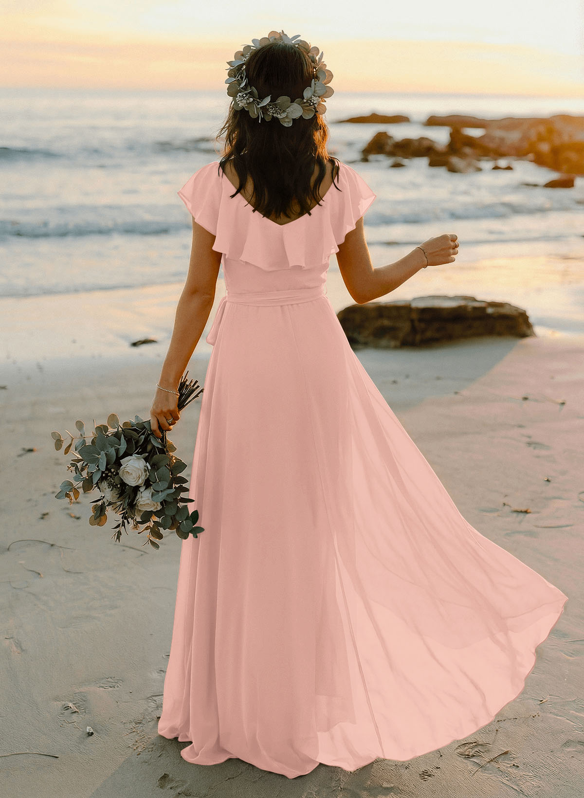 A-Line V-Neck Sleeveless Chiffon Asymmetrical Bridesmaid Dresses With Bow(s), product image 42