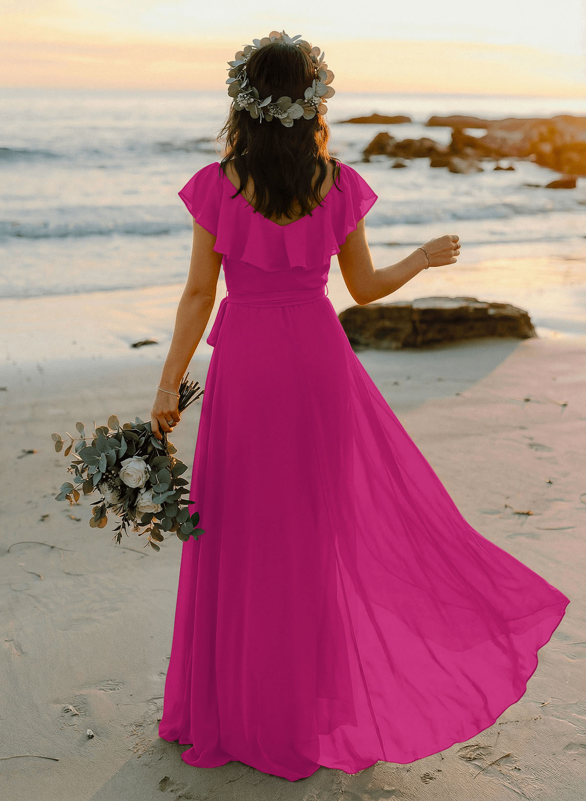 A-Line V-Neck Sleeveless Chiffon Asymmetrical Bridesmaid Dresses With Bow(s), product image 78
