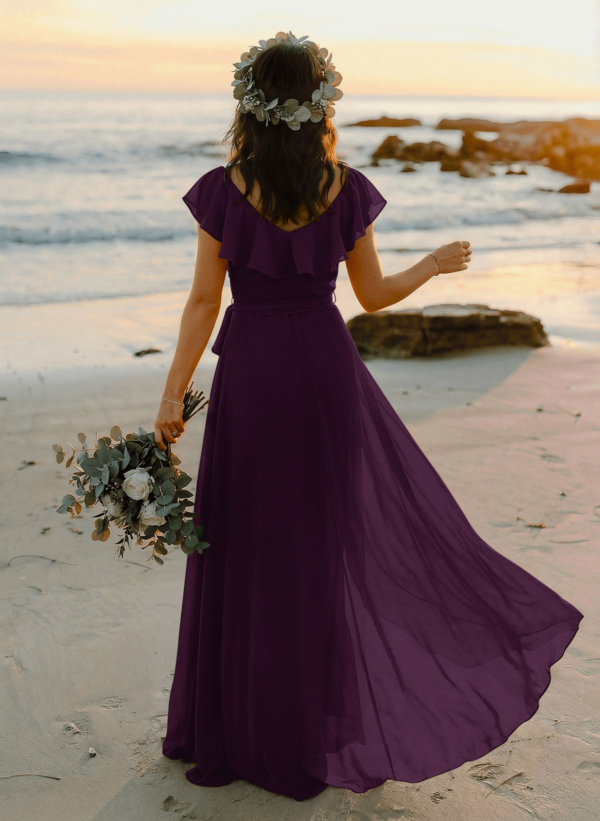 A-Line V-Neck Sleeveless Chiffon Asymmetrical Bridesmaid Dresses With Bow(s), product image 72