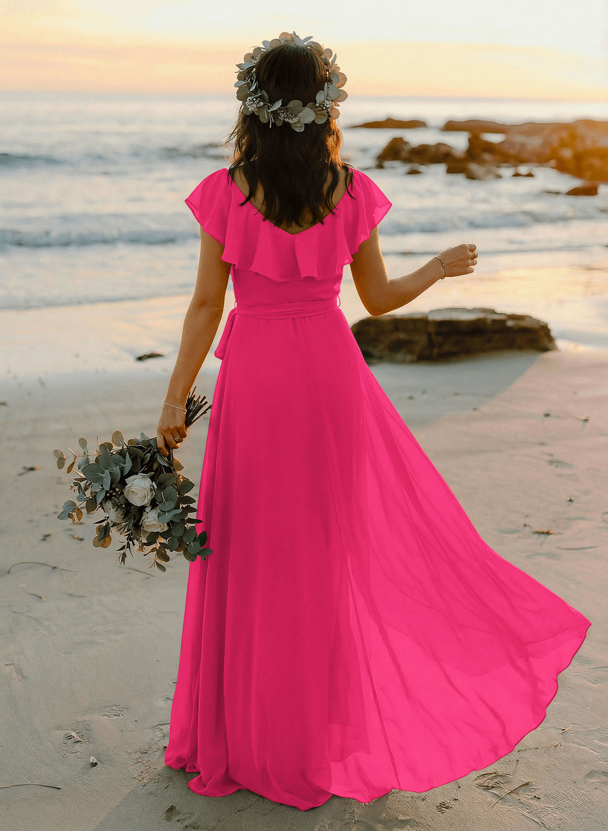 A-Line V-Neck Sleeveless Chiffon Asymmetrical Bridesmaid Dresses With Bow(s), product image 76