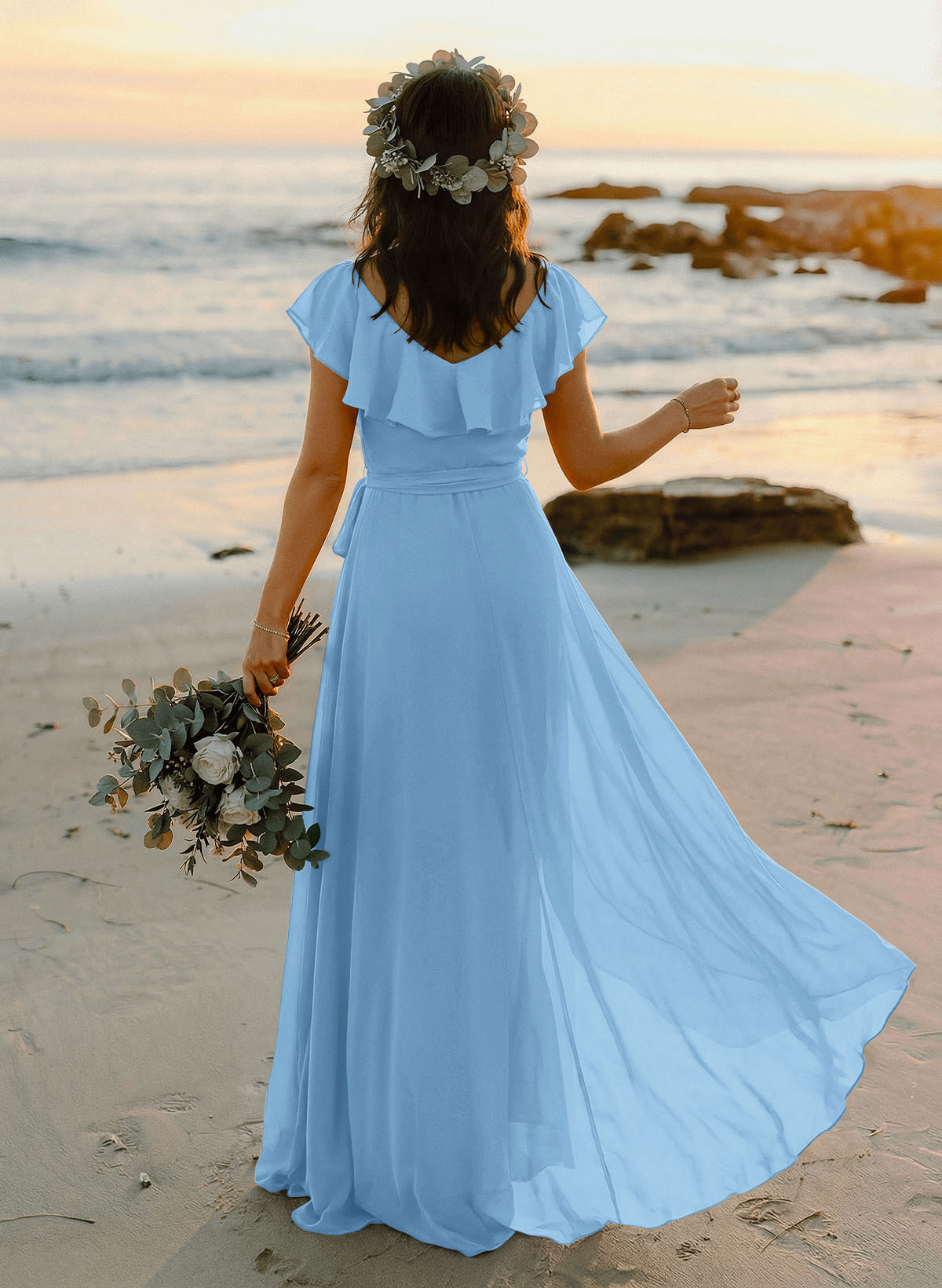 A-Line V-Neck Sleeveless Chiffon Asymmetrical Bridesmaid Dresses With Bow(s), product image 22