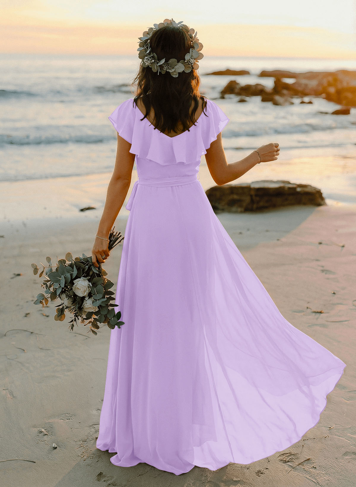 A-Line V-Neck Sleeveless Chiffon Asymmetrical Bridesmaid Dresses With Bow(s), product image 64