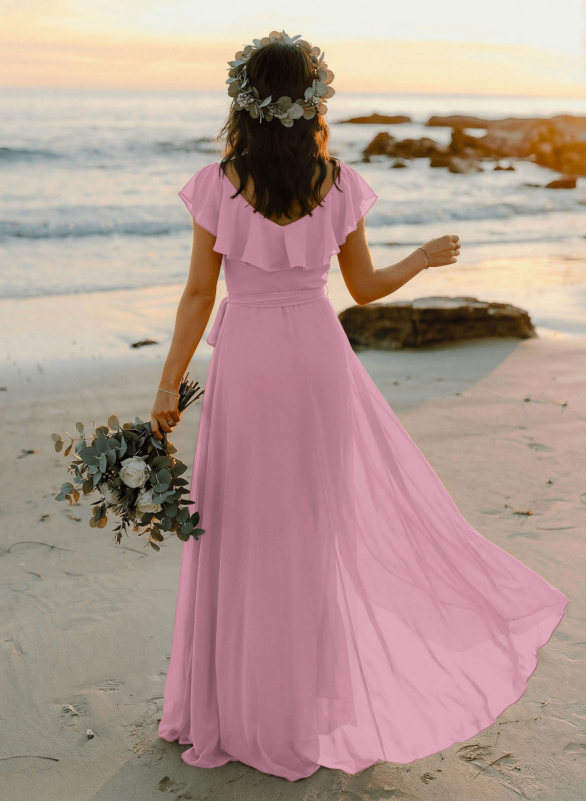 A-Line V-Neck Sleeveless Chiffon Asymmetrical Bridesmaid Dresses With Bow(s), product image 62