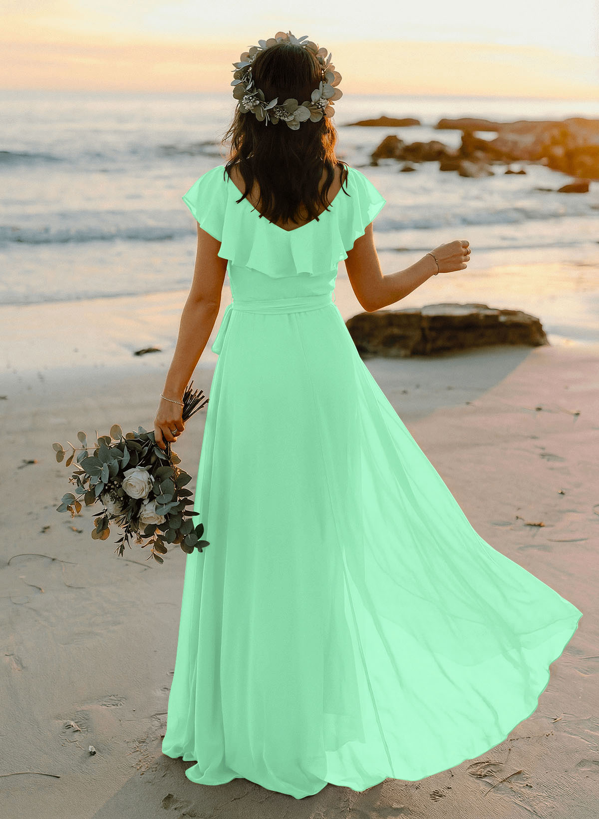 A-Line V-Neck Sleeveless Chiffon Asymmetrical Bridesmaid Dresses With Bow(s), product image 94