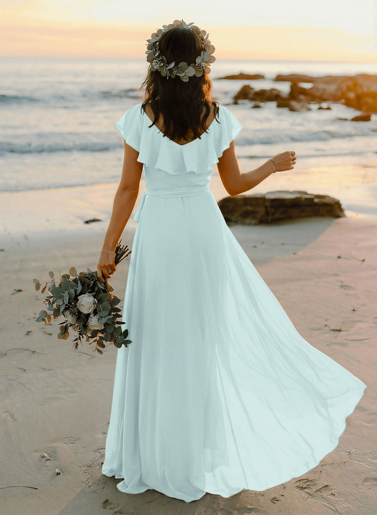A-Line V-Neck Sleeveless Chiffon Asymmetrical Bridesmaid Dresses With Bow(s), product image 26