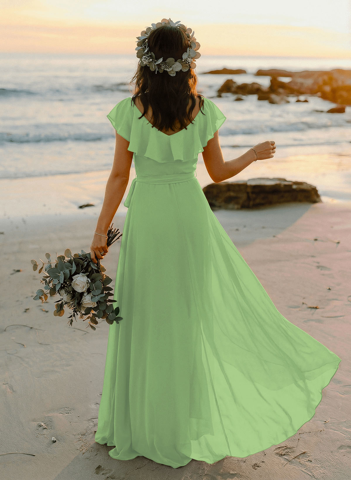 A-Line V-Neck Sleeveless Chiffon Asymmetrical Bridesmaid Dresses With Bow(s), product image 134