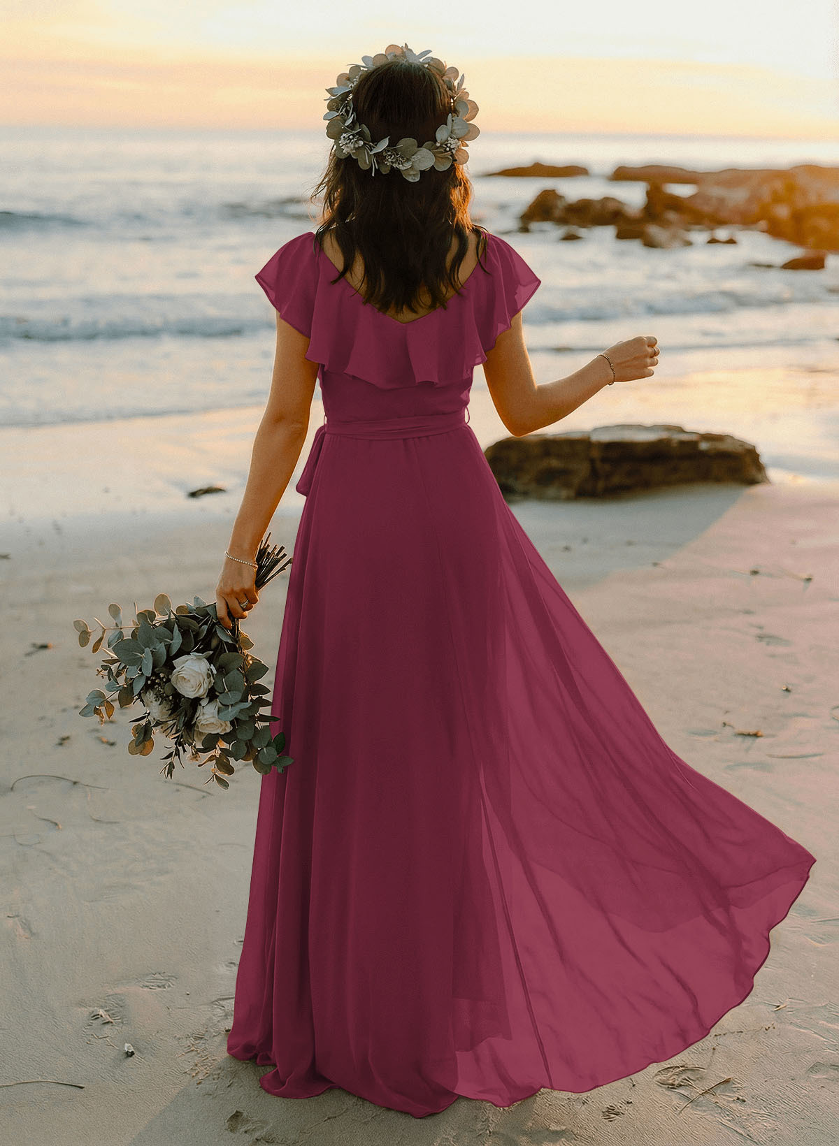 A-Line V-Neck Sleeveless Chiffon Asymmetrical Bridesmaid Dresses With Bow(s), product image 34