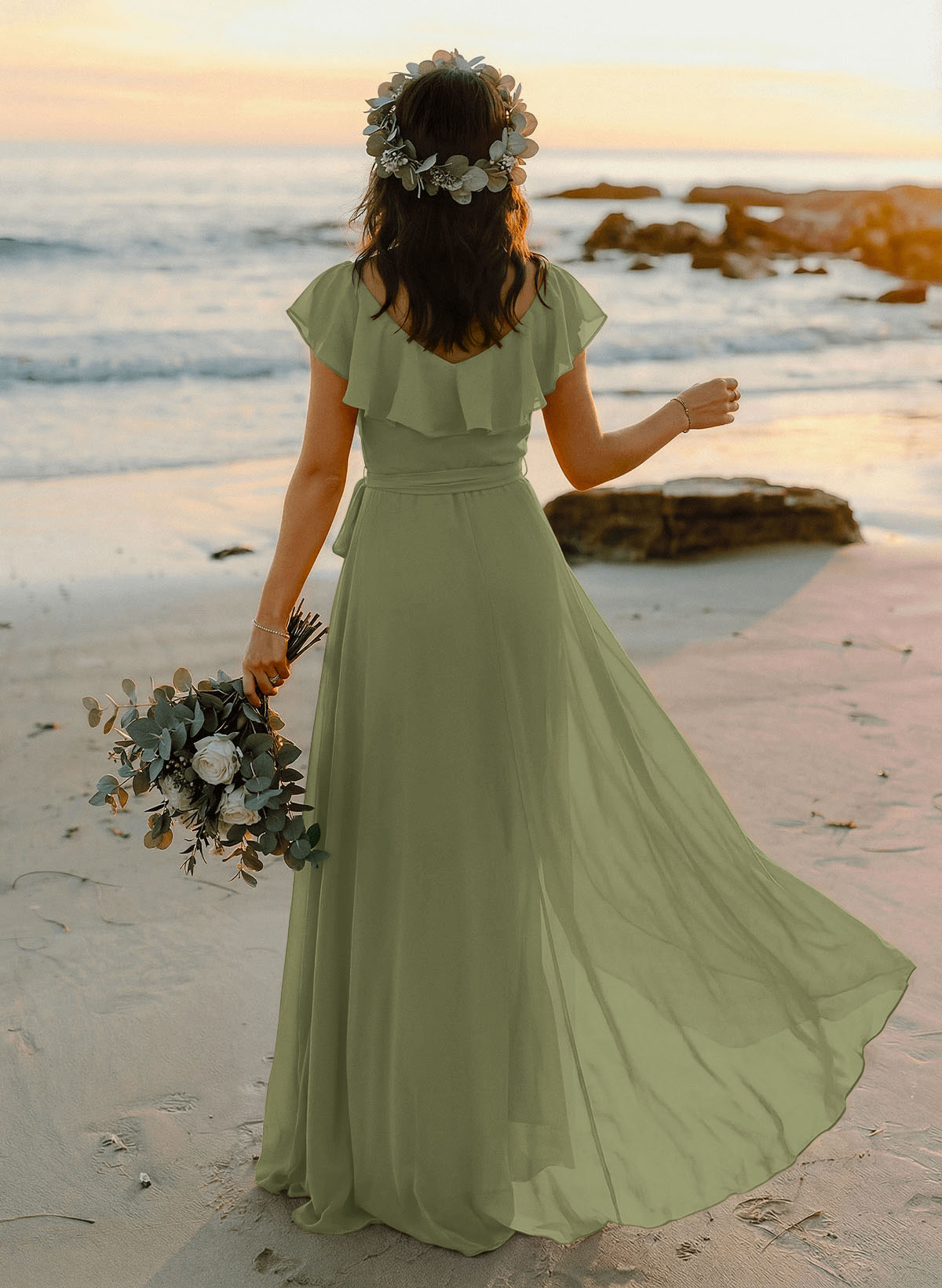 A-Line V-Neck Sleeveless Chiffon Asymmetrical Bridesmaid Dresses With Bow(s), product image 122