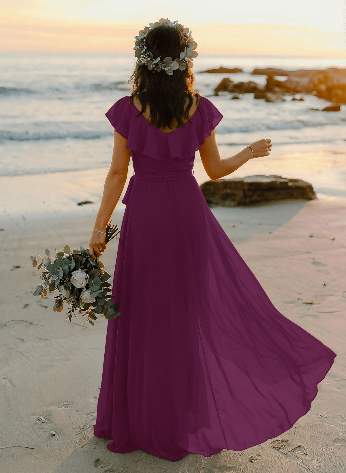 A-Line V-Neck Sleeveless Chiffon Asymmetrical Bridesmaid Dresses With Bow(s), product image 74