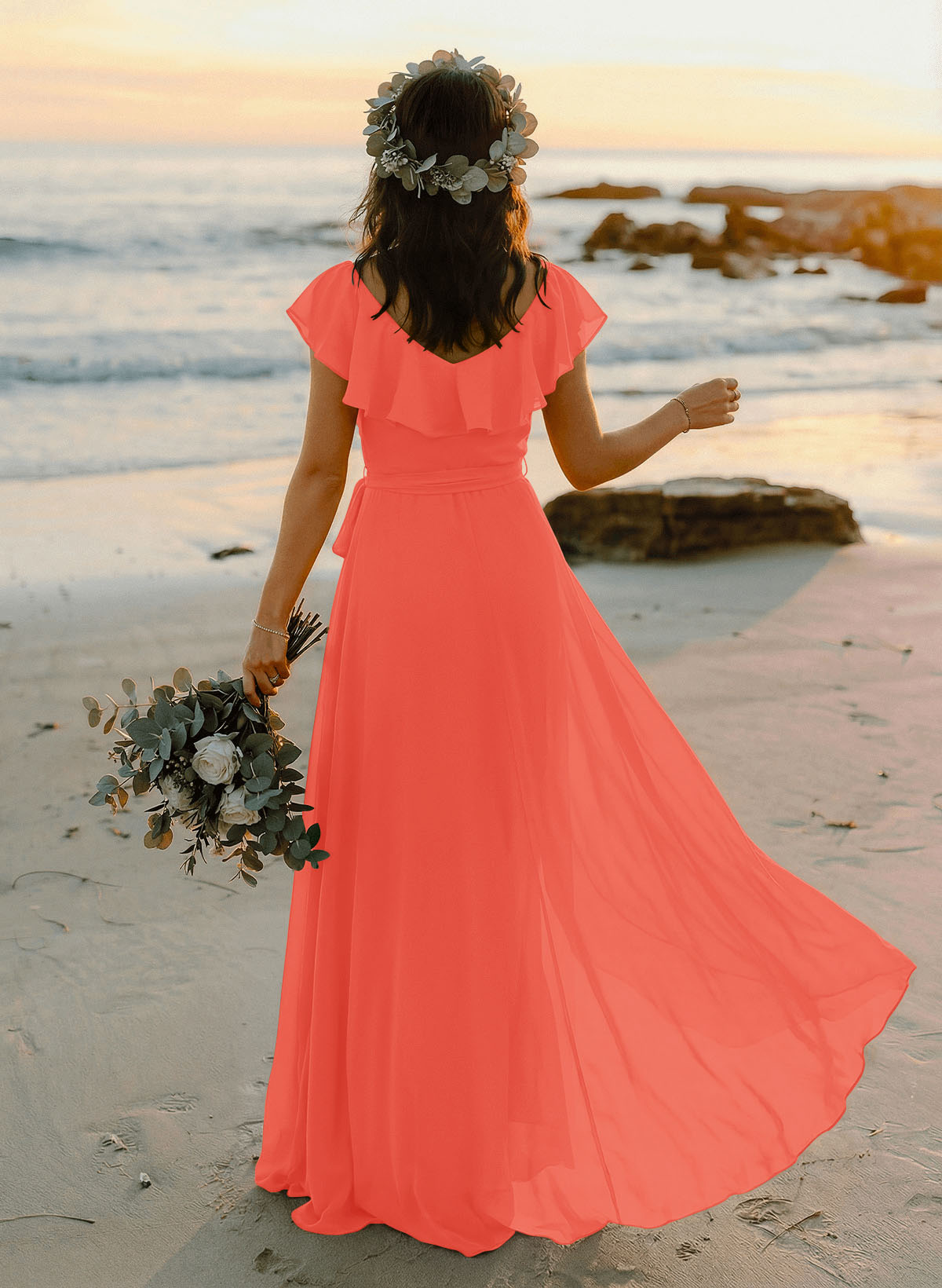 A-Line V-Neck Sleeveless Chiffon Asymmetrical Bridesmaid Dresses With Bow(s), product image 108