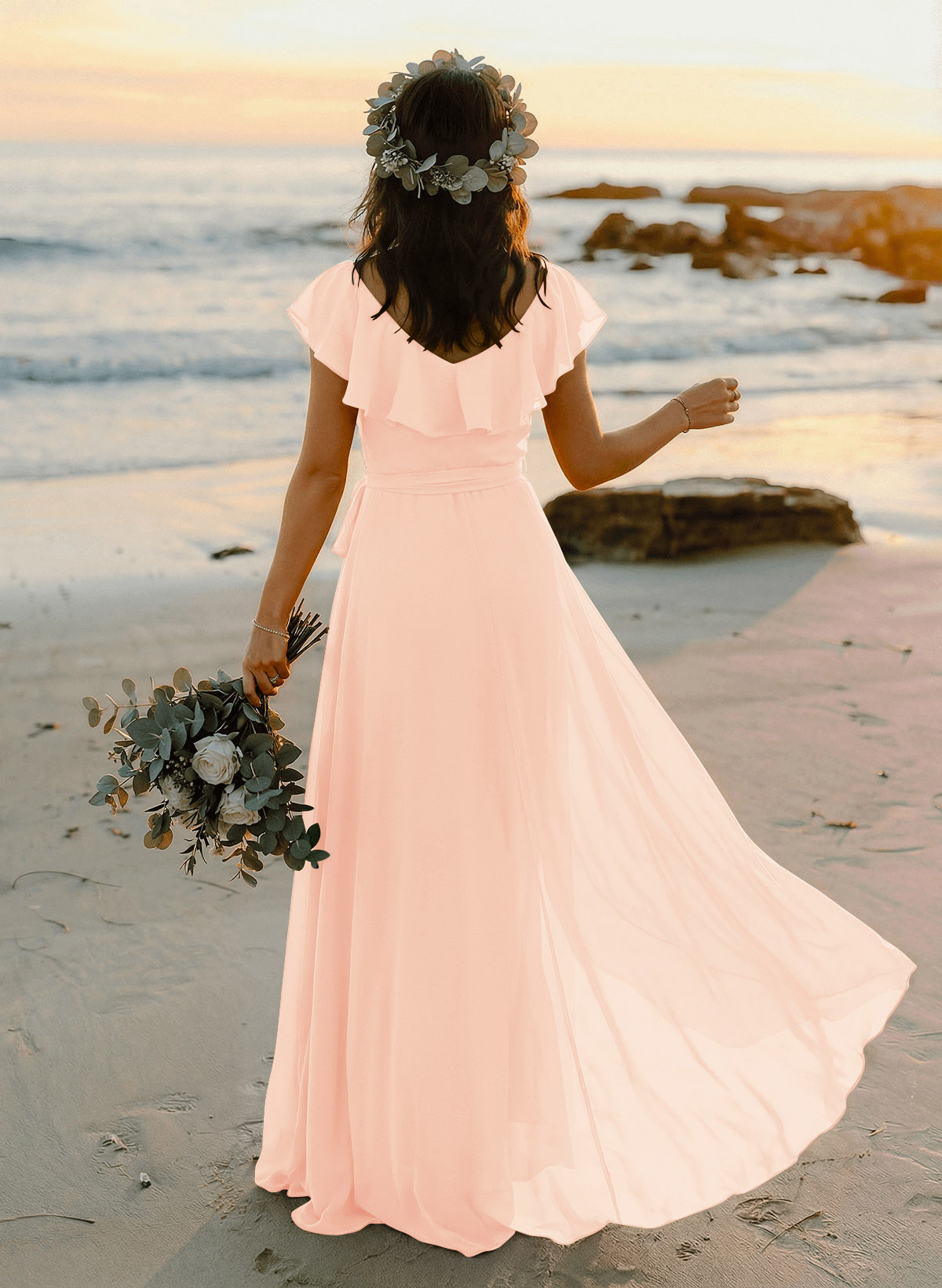 A-Line V-Neck Sleeveless Chiffon Asymmetrical Bridesmaid Dresses With Bow(s), product image 44