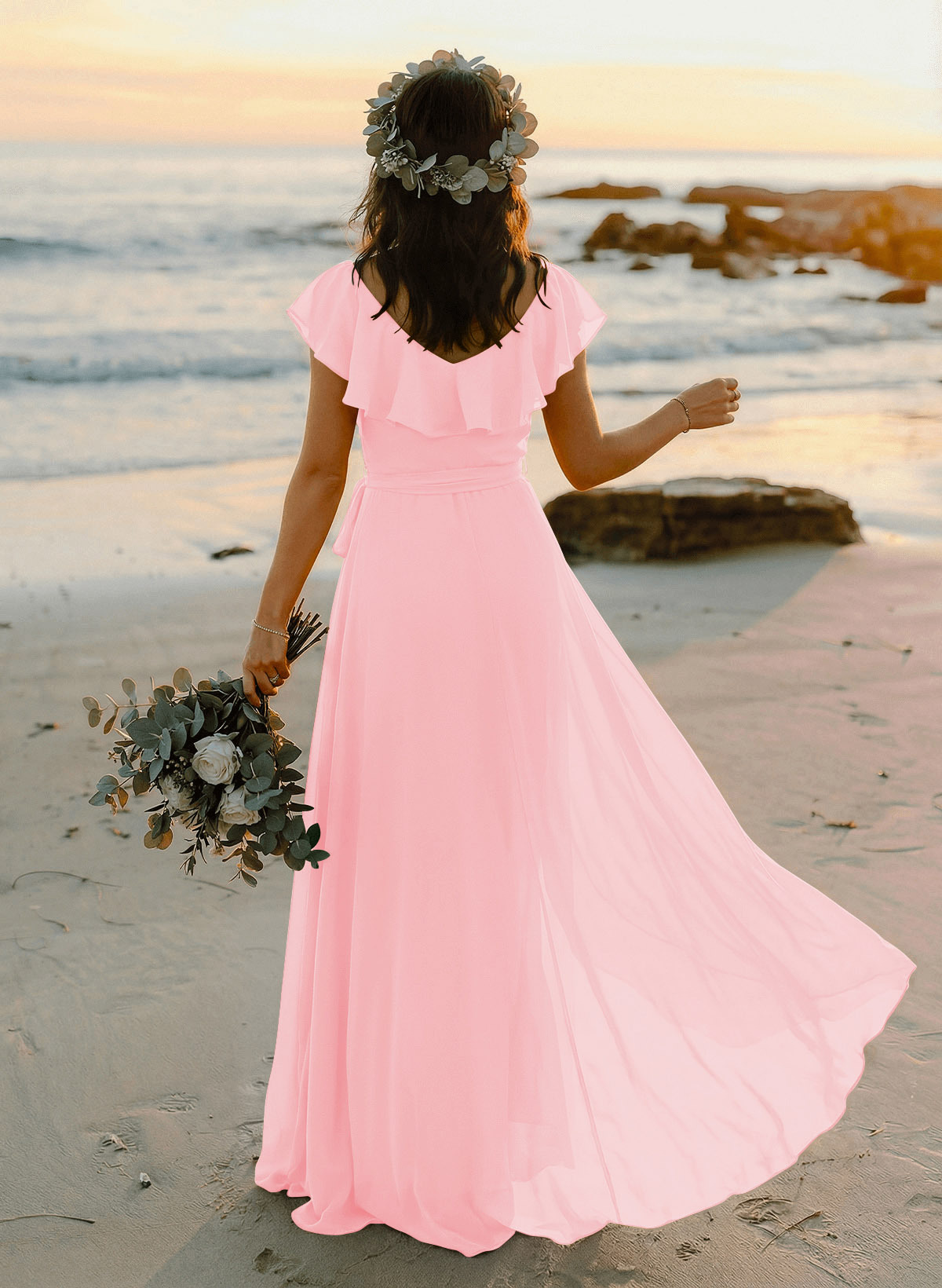 A-Line V-Neck Sleeveless Chiffon Asymmetrical Bridesmaid Dresses With Bow(s), product image 48