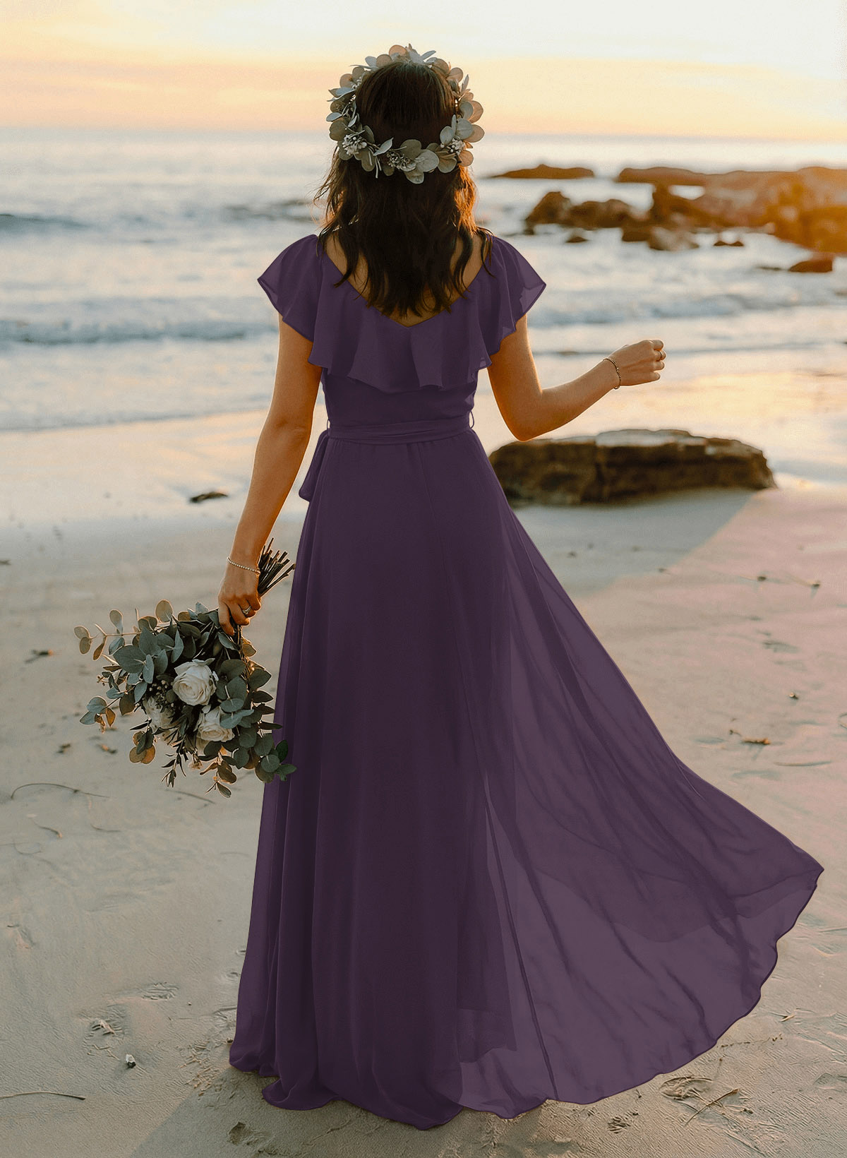 A-Line V-Neck Sleeveless Chiffon Asymmetrical Bridesmaid Dresses With Bow(s), product image 70