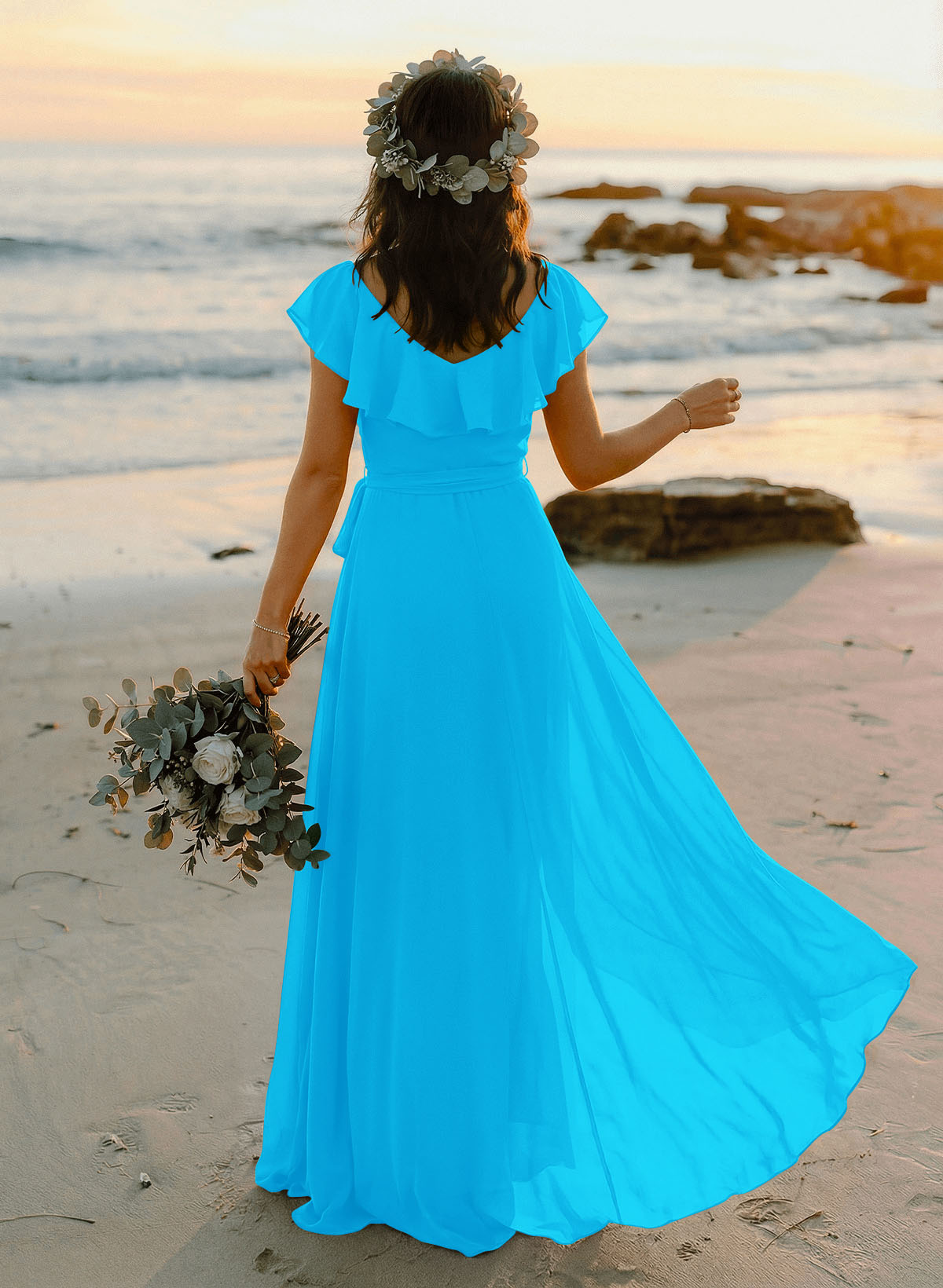 A-Line V-Neck Sleeveless Chiffon Asymmetrical Bridesmaid Dresses With Bow(s), product image 20