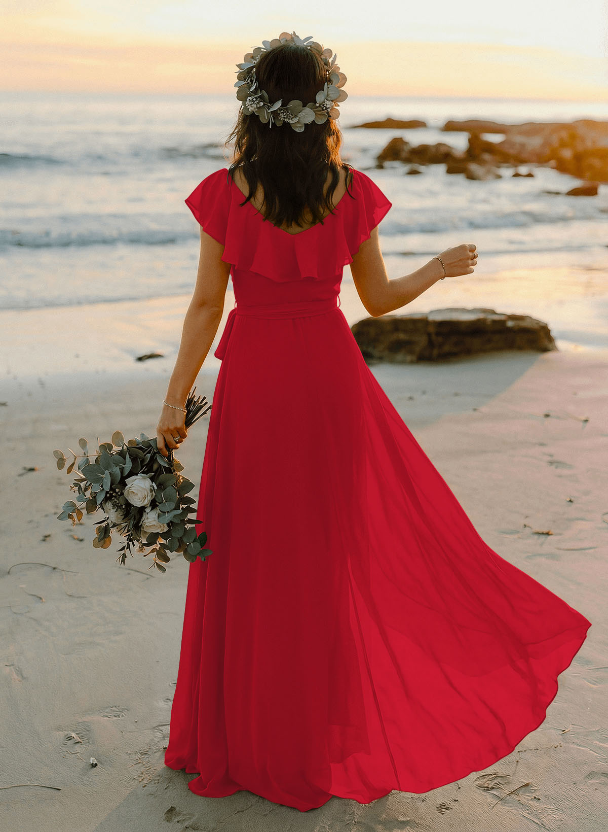 A-Line V-Neck Sleeveless Chiffon Asymmetrical Bridesmaid Dresses With Bow(s), product image 36
