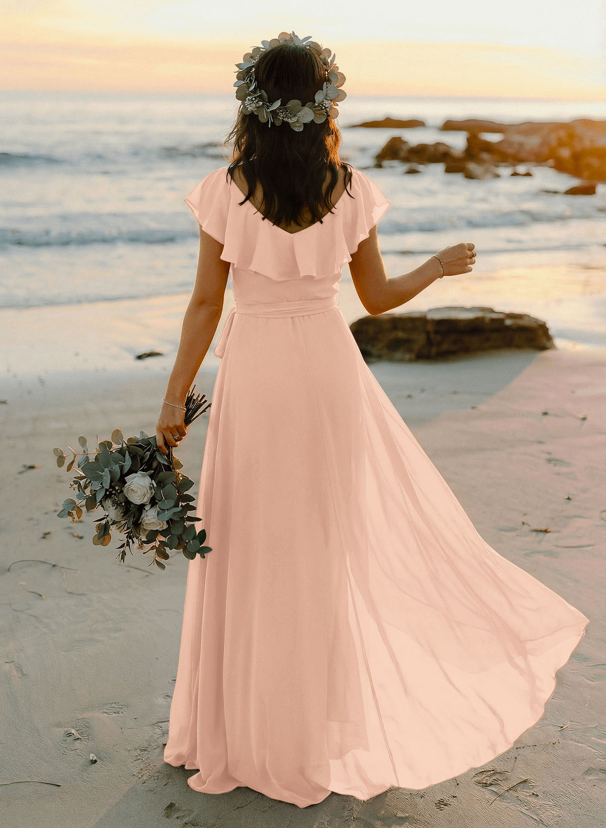 A-Line V-Neck Sleeveless Chiffon Asymmetrical Bridesmaid Dresses With Bow(s), product image 128