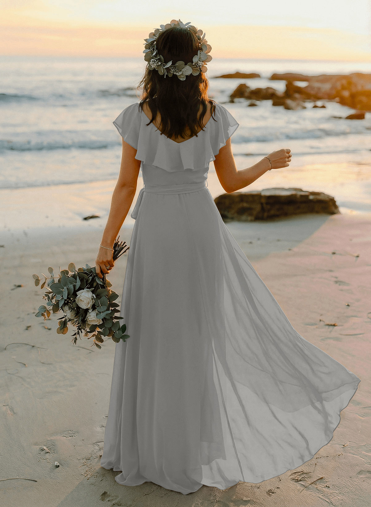 A-Line V-Neck Sleeveless Chiffon Asymmetrical Bridesmaid Dresses With Bow(s), product image 116