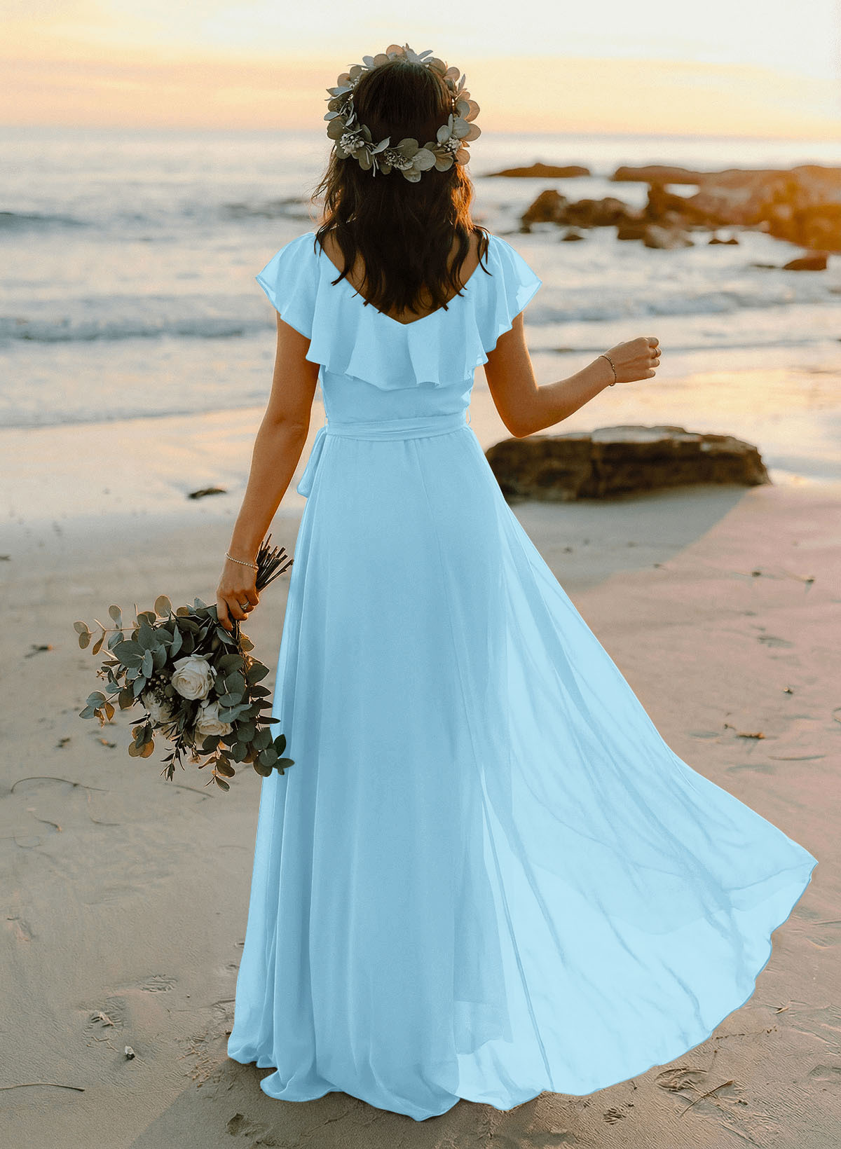 A-Line V-Neck Sleeveless Chiffon Asymmetrical Bridesmaid Dresses With Bow(s), product image 24
