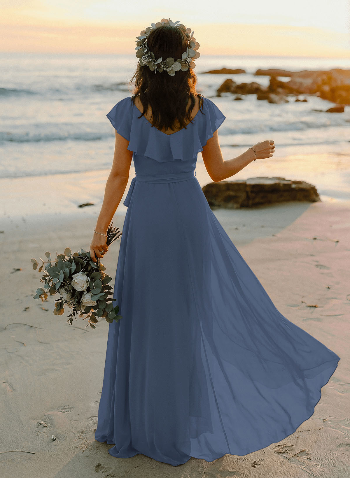 A-Line V-Neck Sleeveless Chiffon Asymmetrical Bridesmaid Dresses With Bow(s), product image 10