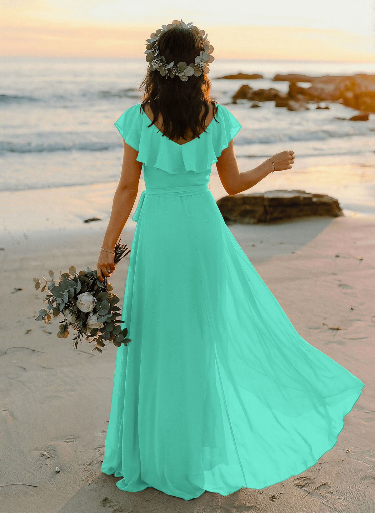 A-Line V-Neck Sleeveless Chiffon Asymmetrical Bridesmaid Dresses With Bow(s), product image 96