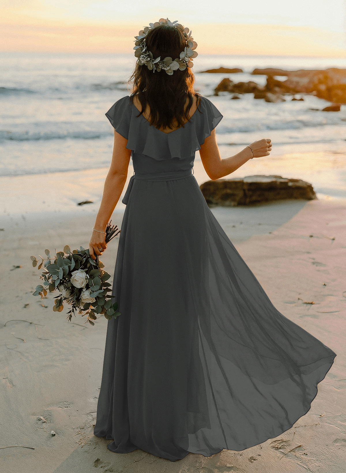 A-Line V-Neck Sleeveless Chiffon Asymmetrical Bridesmaid Dresses With Bow(s), product image 118