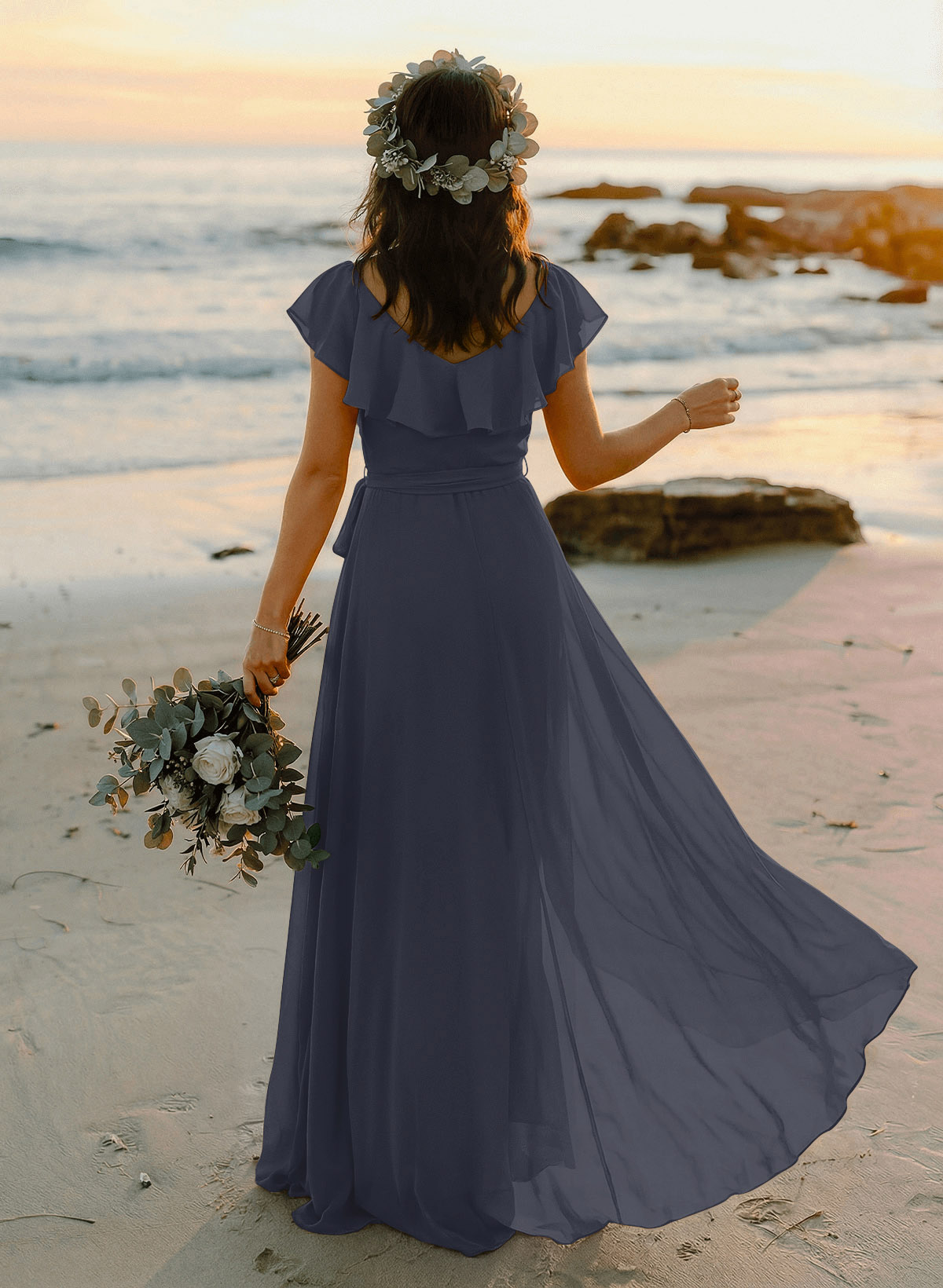 A-Line V-Neck Sleeveless Chiffon Asymmetrical Bridesmaid Dresses With Bow(s), product image 12
