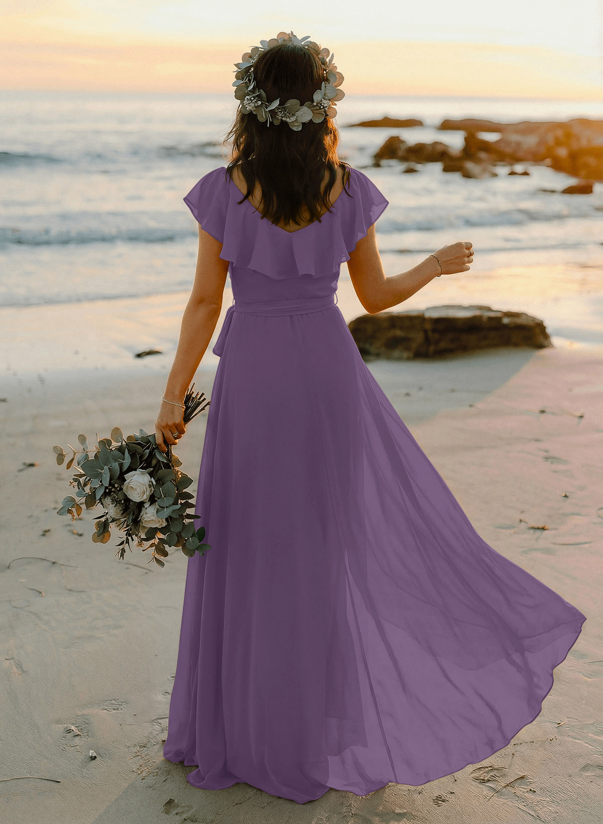 A-Line V-Neck Sleeveless Chiffon Asymmetrical Bridesmaid Dresses With Bow(s), product image 68