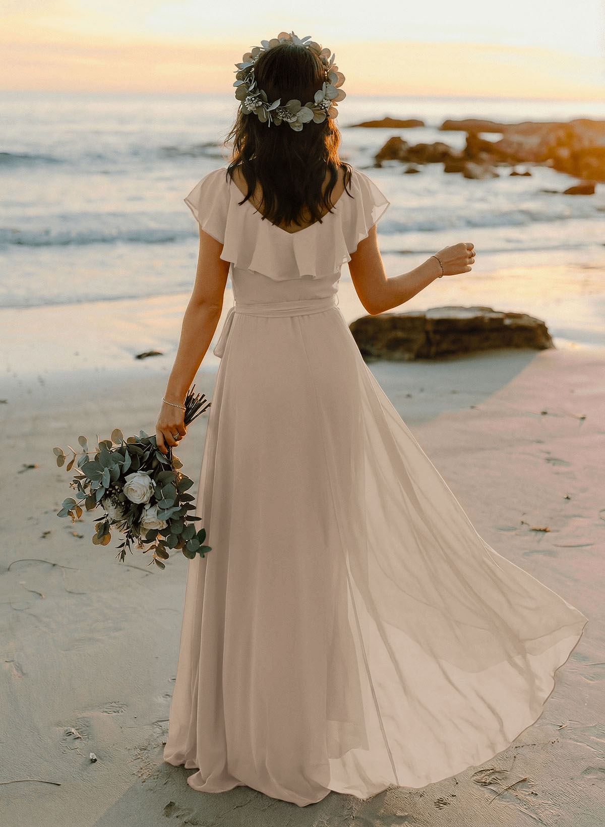 A-Line V-Neck Sleeveless Chiffon Asymmetrical Bridesmaid Dresses With Bow(s), product image 100