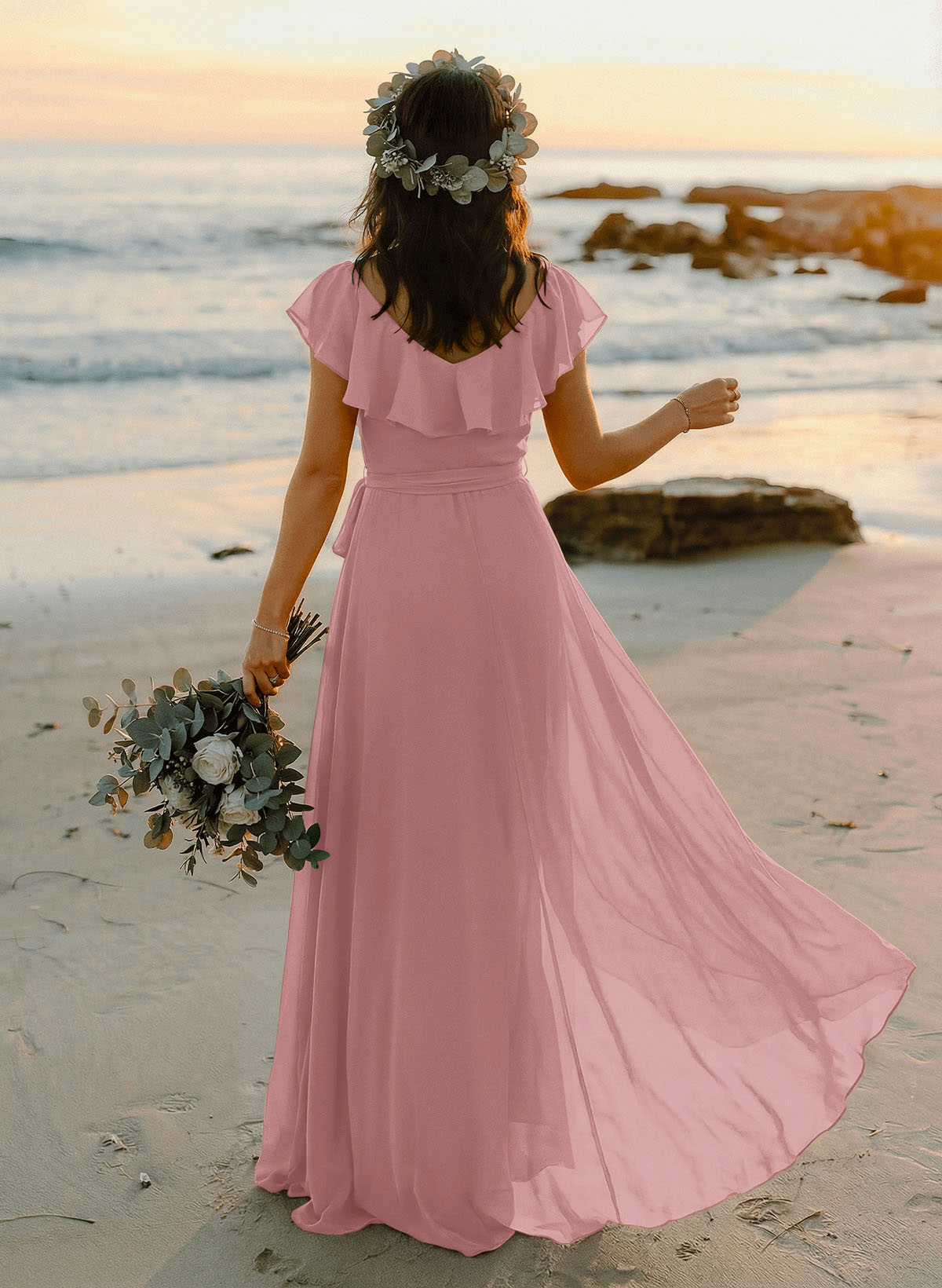 A-Line V-Neck Sleeveless Chiffon Asymmetrical Bridesmaid Dresses With Bow(s), product image 60