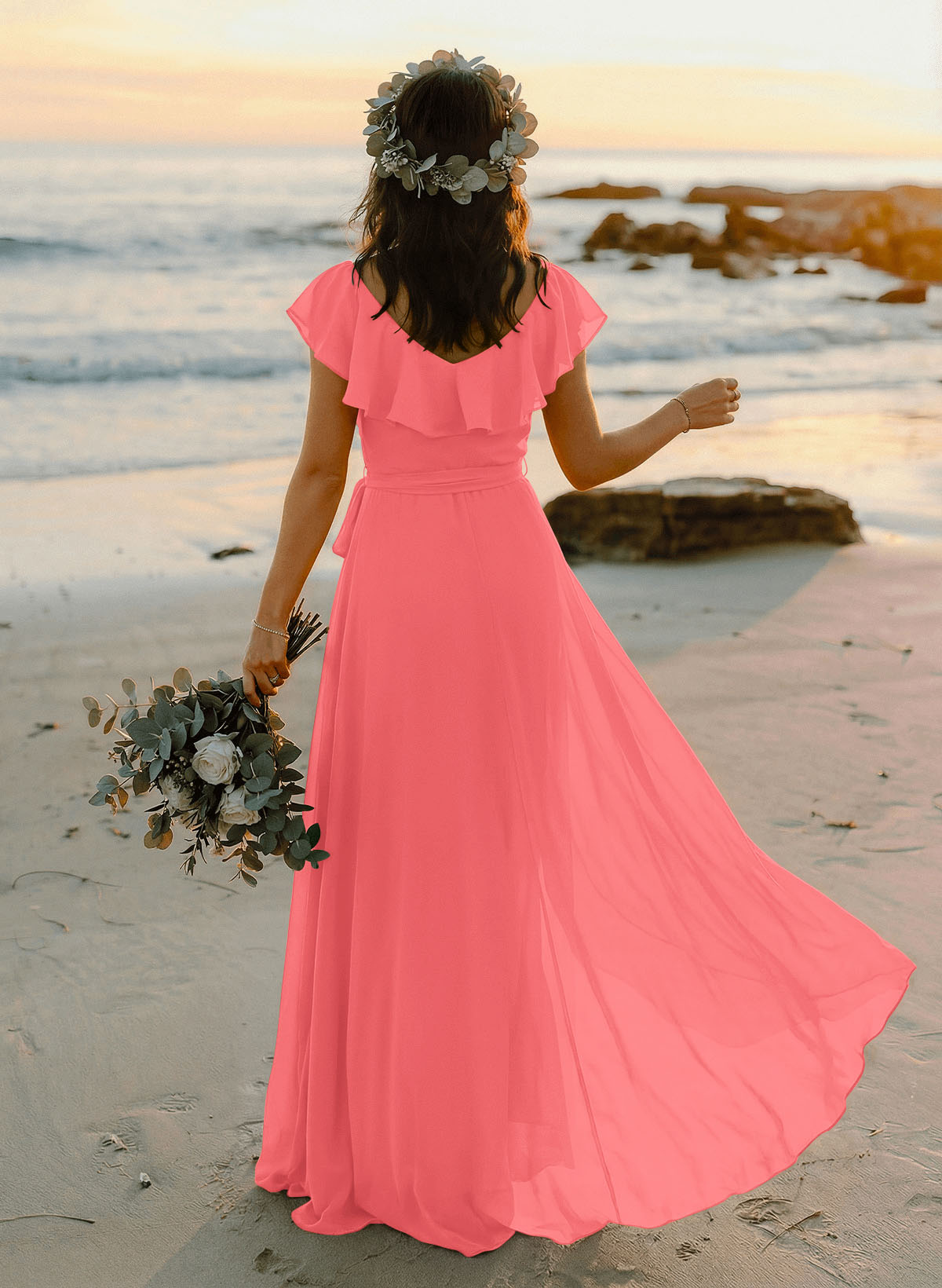A-Line V-Neck Sleeveless Chiffon Asymmetrical Bridesmaid Dresses With Bow(s), product image 40