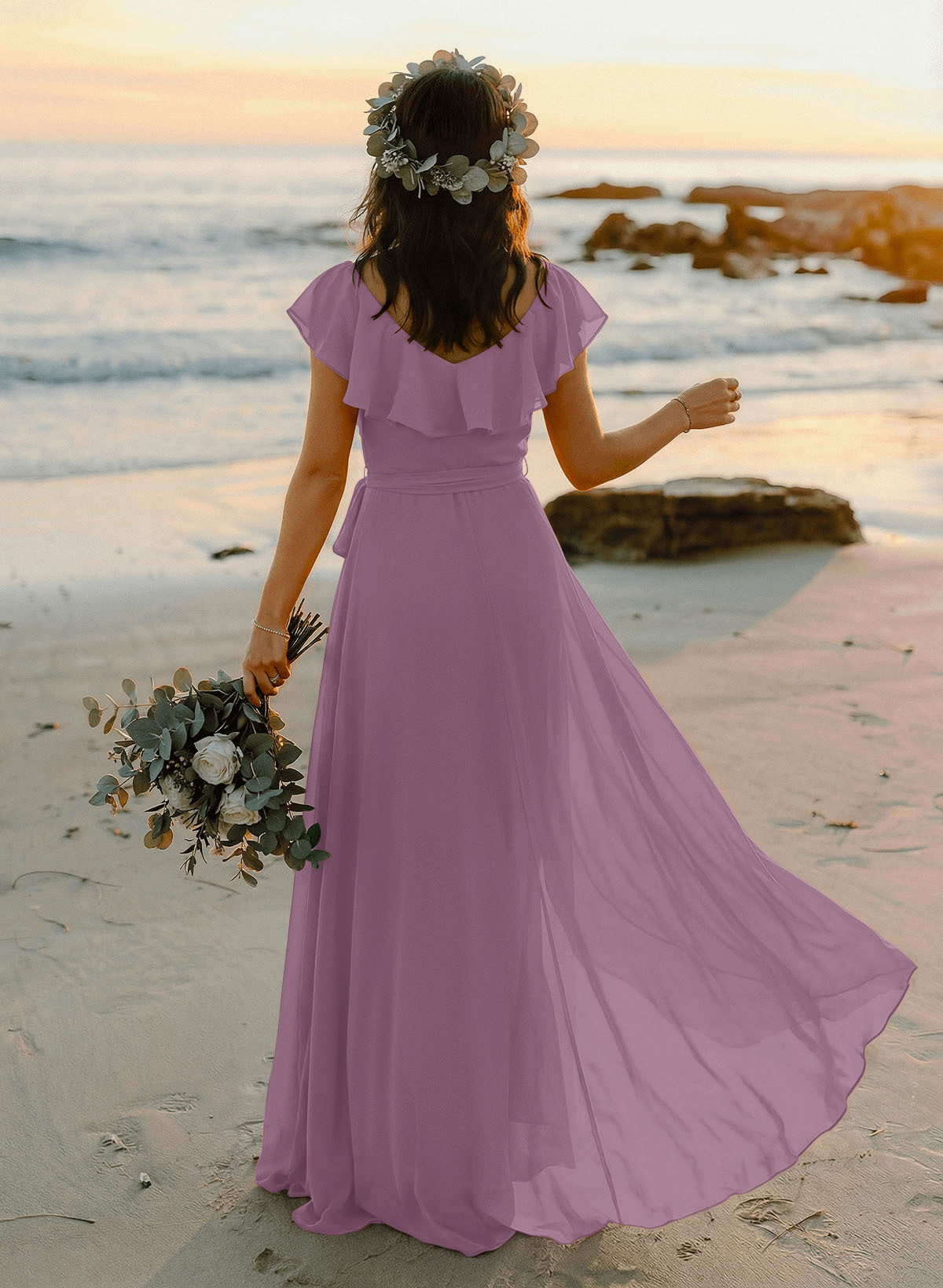 A-Line V-Neck Sleeveless Chiffon Asymmetrical Bridesmaid Dresses With Bow(s), product image 58