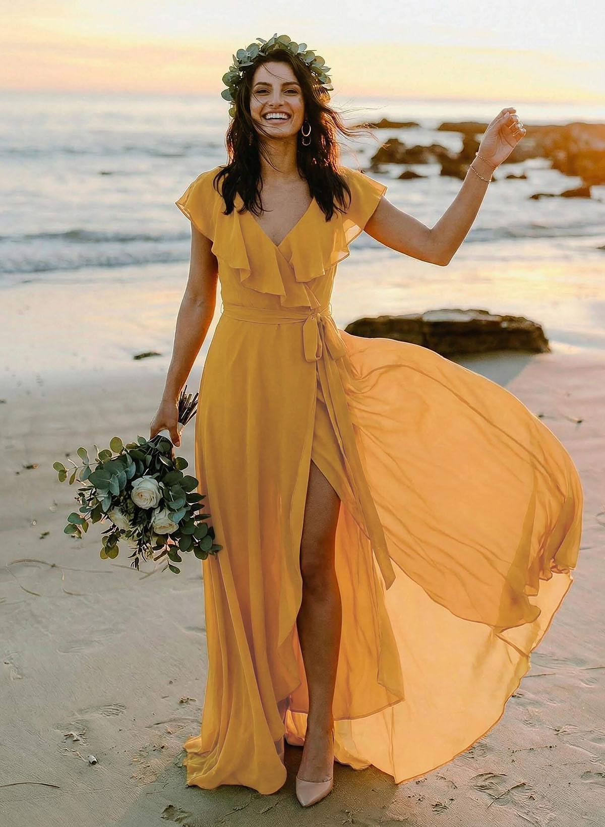 A-Line V-Neck Sleeveless Chiffon Asymmetrical Bridesmaid Dresses With Bow(s) in As Picture, US2