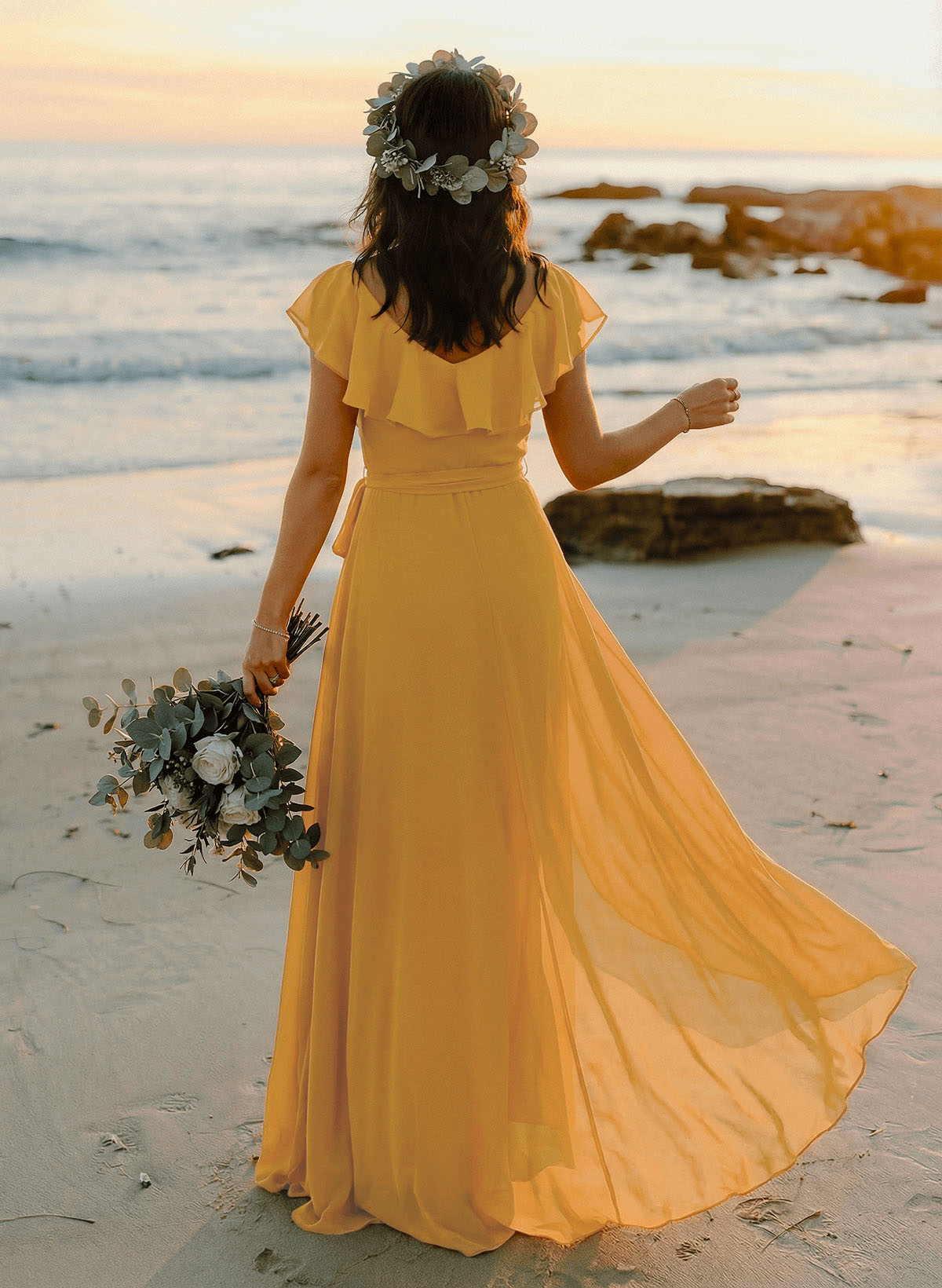 A-Line V-Neck Sleeveless Chiffon Asymmetrical Bridesmaid Dresses With Bow(s), product image 2