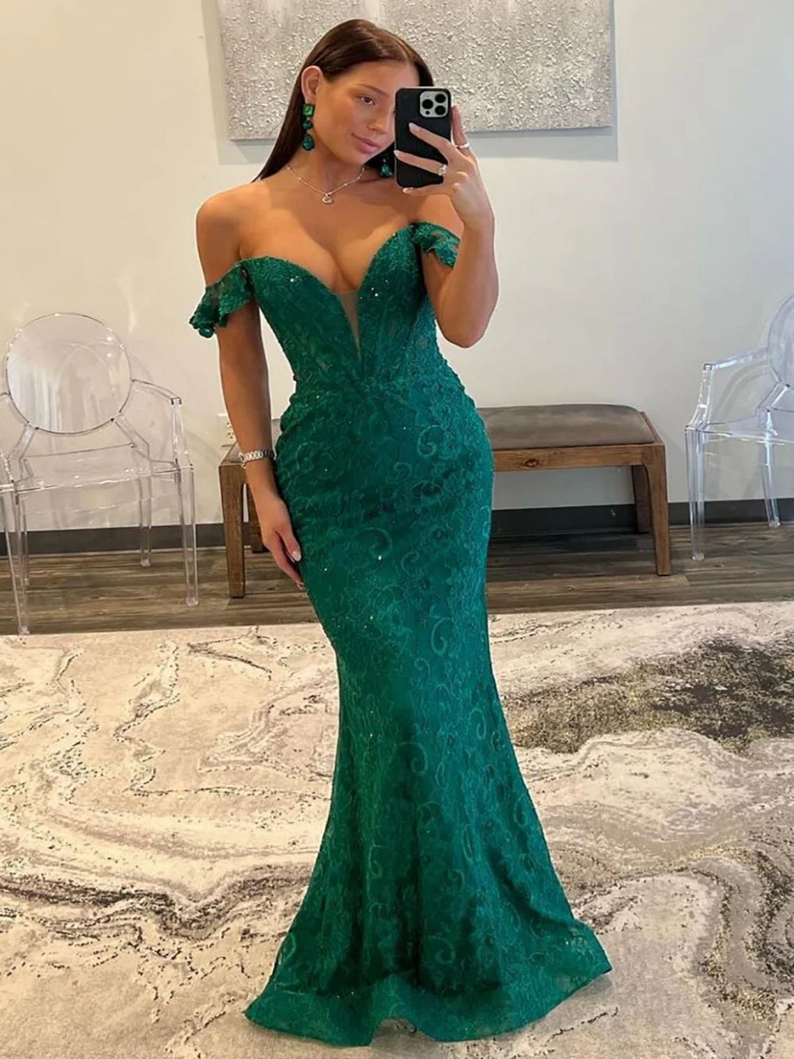 Mermaid Dark Green Sequin Off The Shoulder Sweep Train Prom Dress