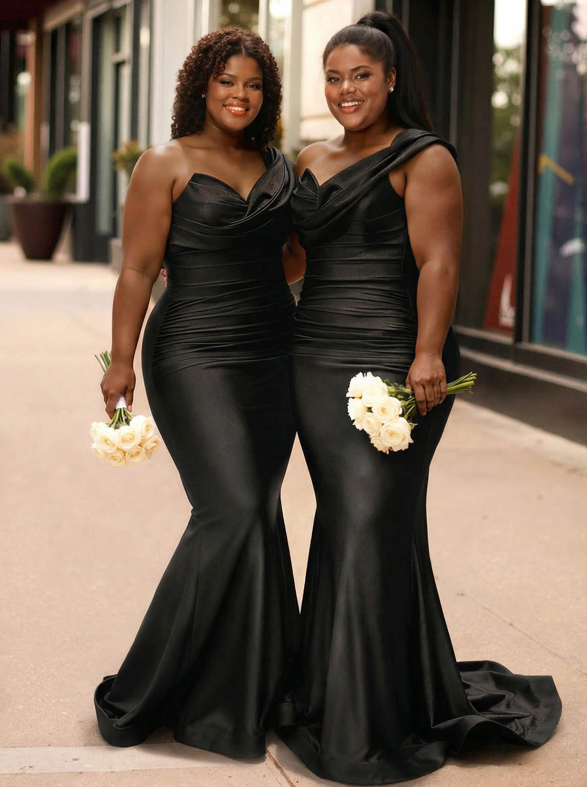 Trumpet/Mermaid One-Shoulder Sleeveless Sweep Train Stretch Satin Knit Bridesmaid Dresses, product image 6