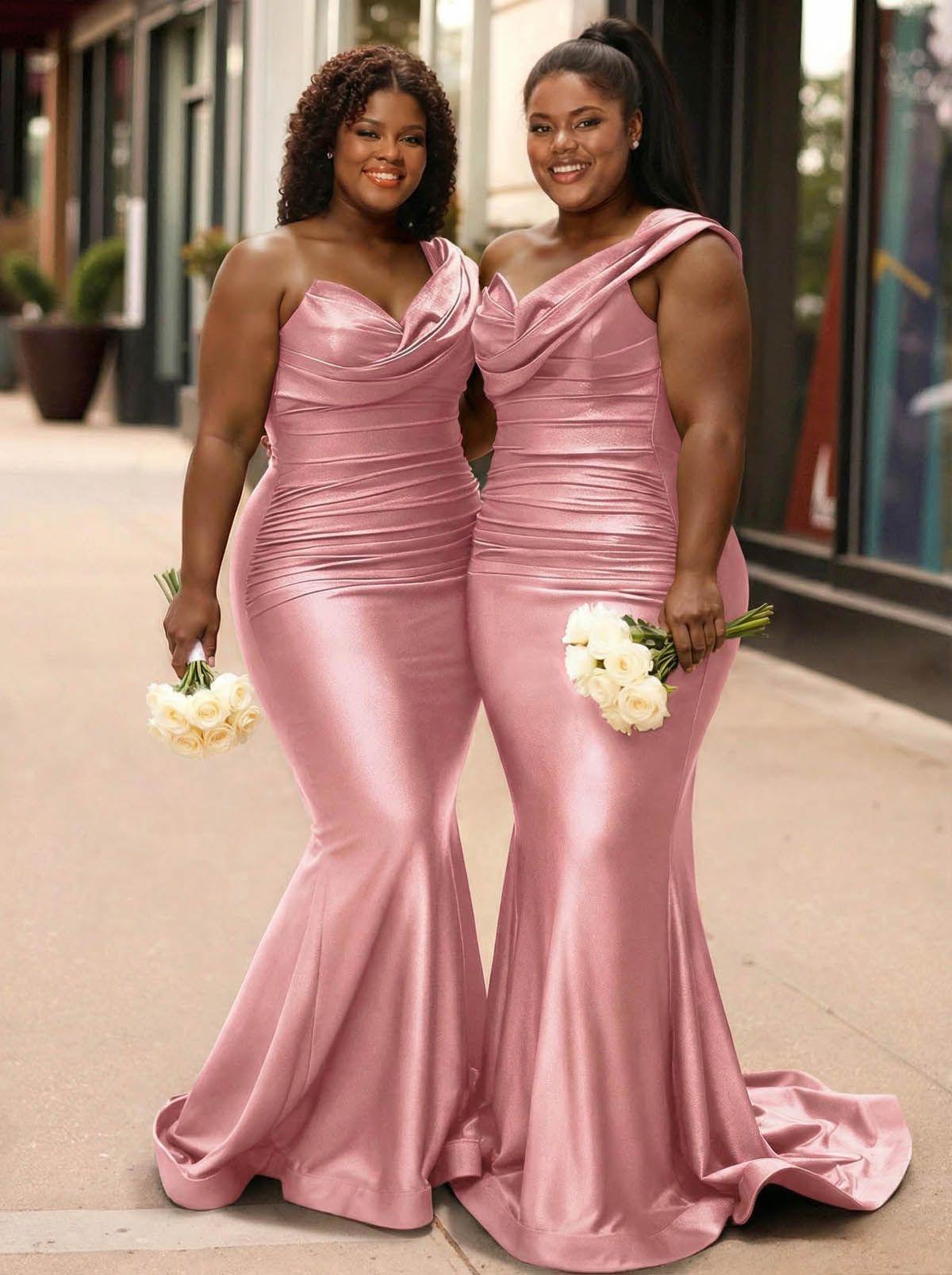 Trumpet/Mermaid One-Shoulder Sleeveless Sweep Train Stretch Satin Knit Bridesmaid Dresses, product image 20
