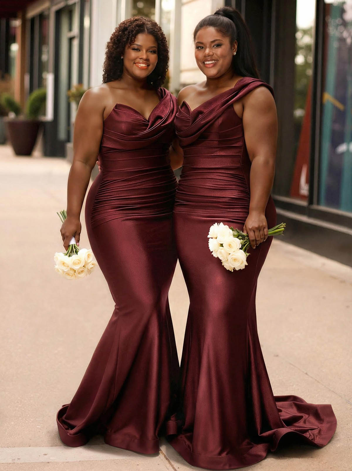 Trumpet/Mermaid One-Shoulder Sleeveless Sweep Train Stretch Satin Knit Bridesmaid Dresses, product image 22