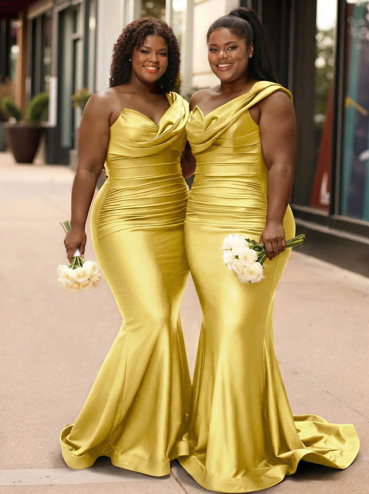 Trumpet/Mermaid One-Shoulder Sleeveless Sweep Train Stretch Satin Knit Bridesmaid Dresses, product image 43