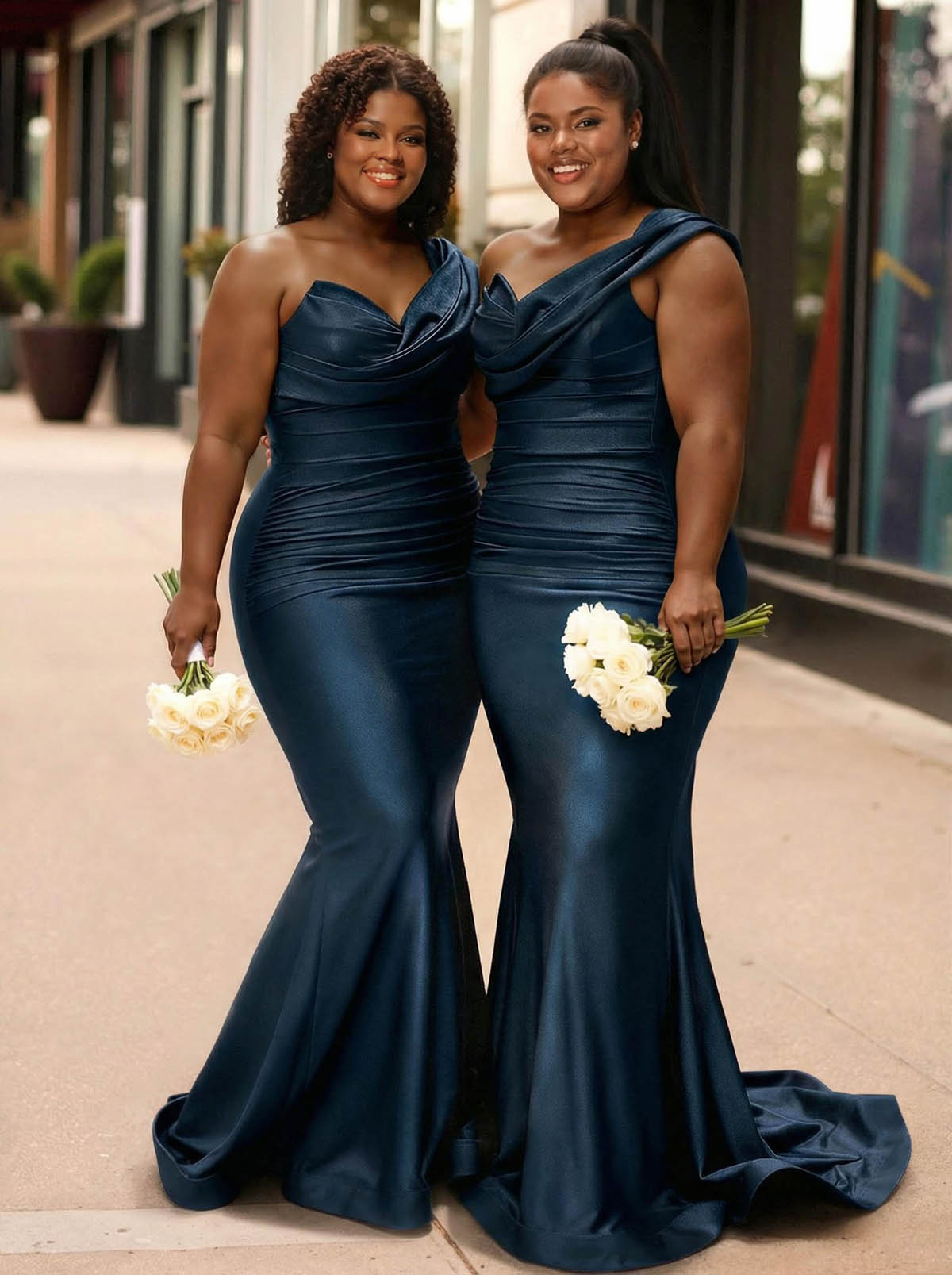 Trumpet/Mermaid One-Shoulder Sleeveless Sweep Train Stretch Satin Knit Bridesmaid Dresses, product image 4