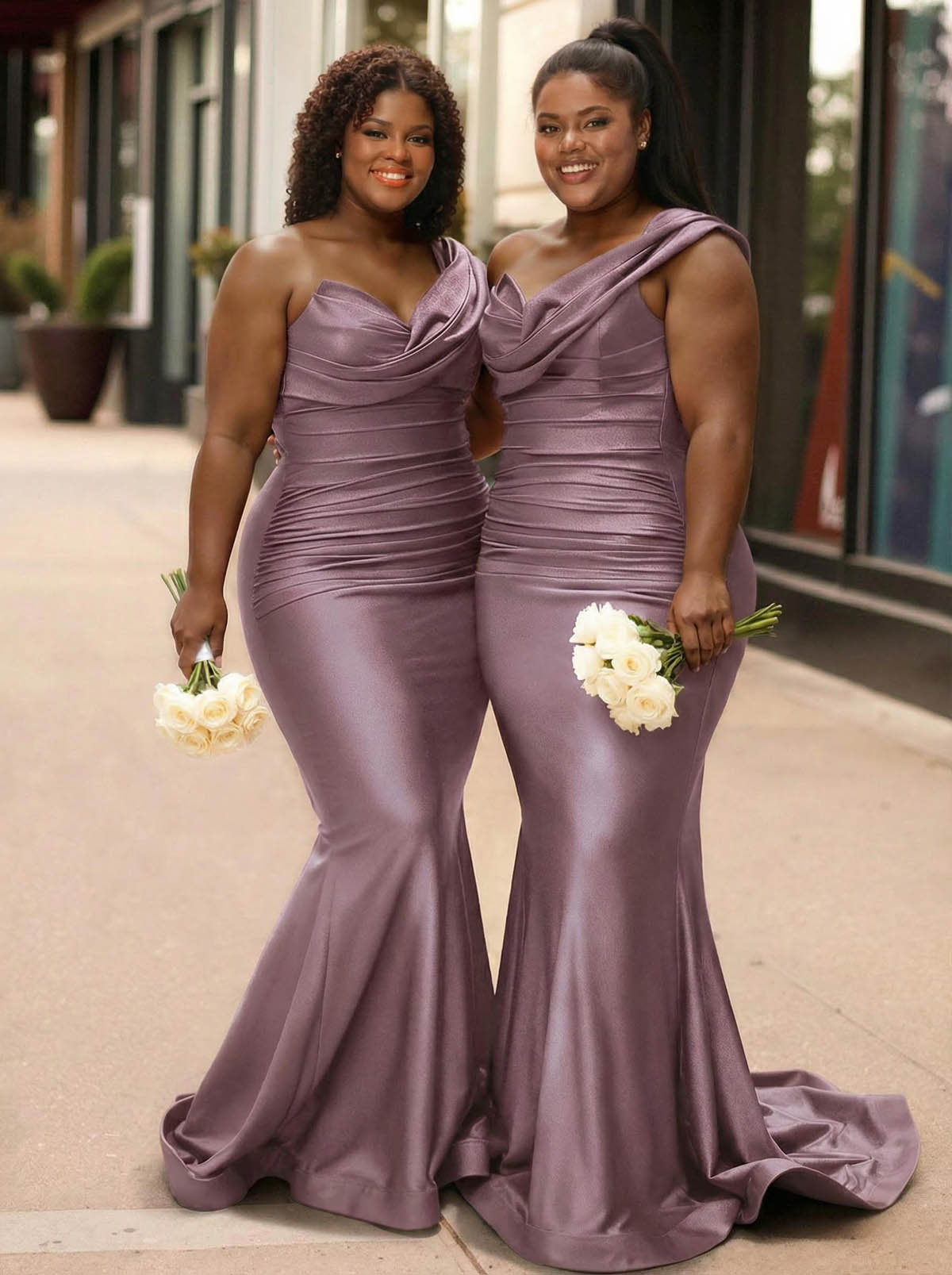 Trumpet/Mermaid One-Shoulder Sleeveless Sweep Train Stretch Satin Knit Bridesmaid Dresses, product image 37