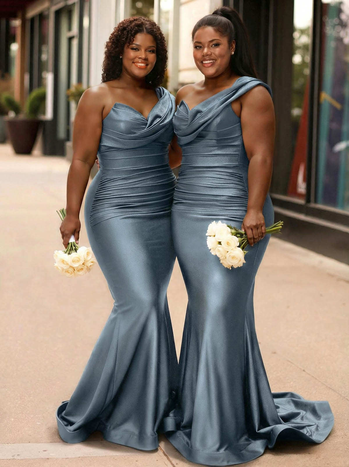 Trumpet/Mermaid One-Shoulder Sleeveless Sweep Train Stretch Satin Knit Bridesmaid Dresses, product image 14