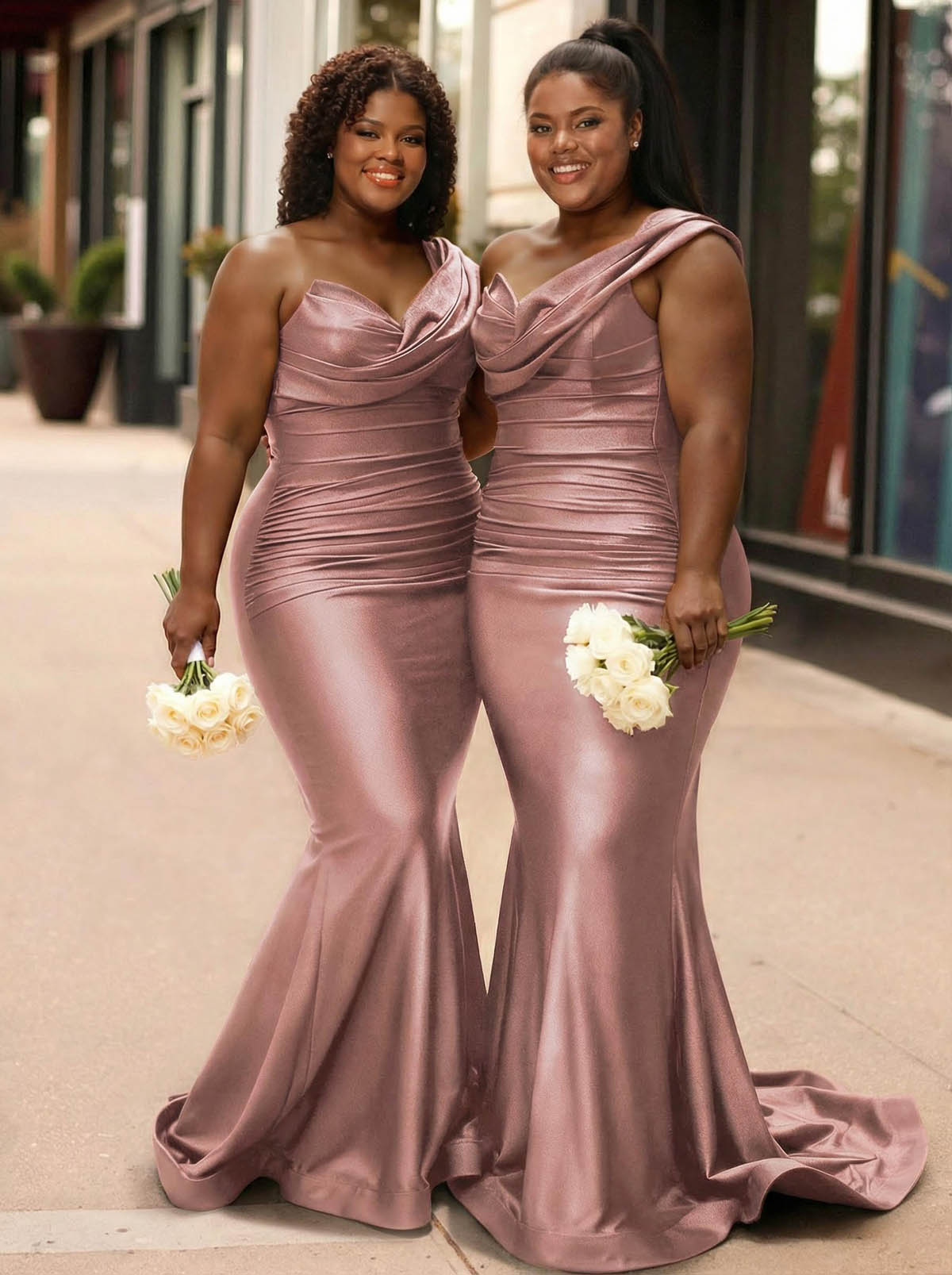Trumpet/Mermaid One-Shoulder Sleeveless Sweep Train Stretch Satin Knit Bridesmaid Dresses, product image 18