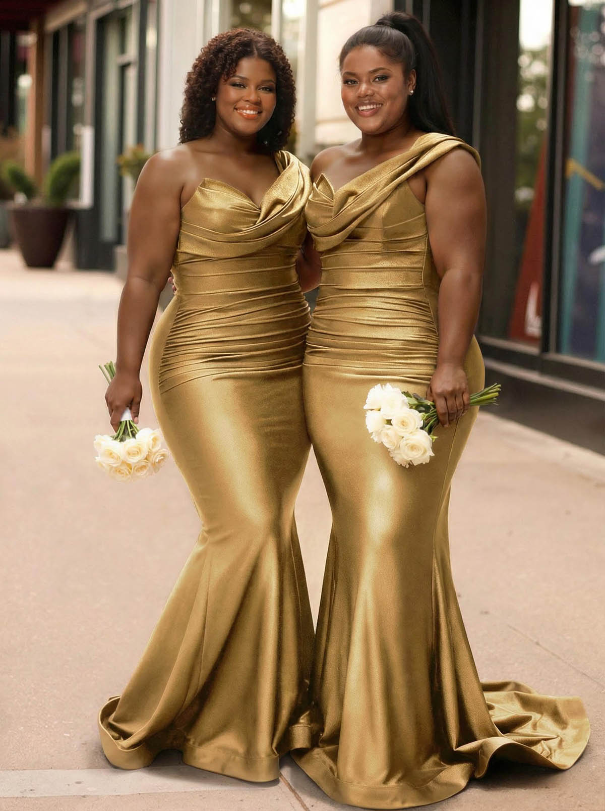 Trumpet/Mermaid One-Shoulder Sleeveless Sweep Train Stretch Satin Knit Bridesmaid Dresses, product image 44