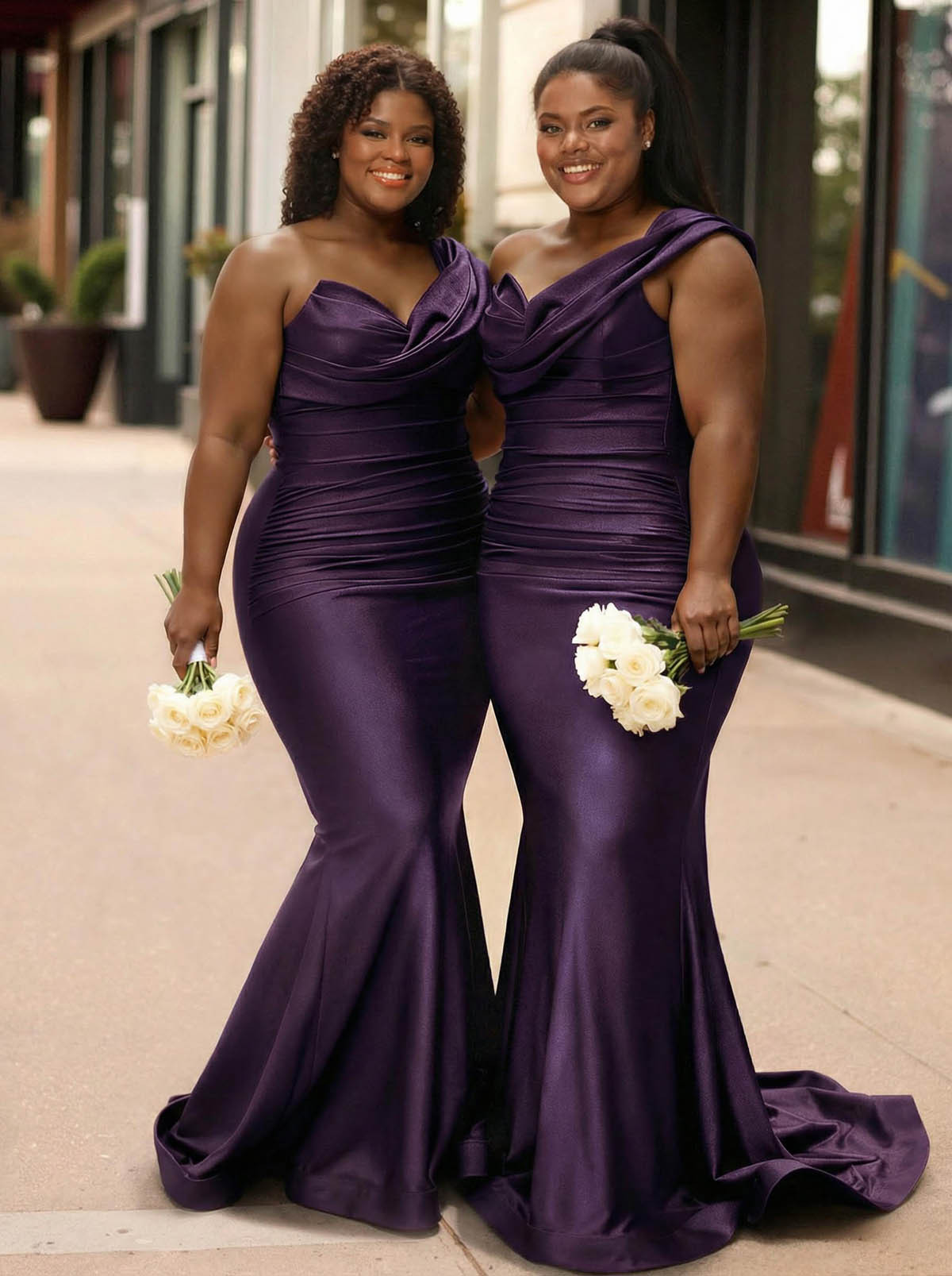 Trumpet/Mermaid One-Shoulder Sleeveless Sweep Train Stretch Satin Knit Bridesmaid Dresses, product image 36