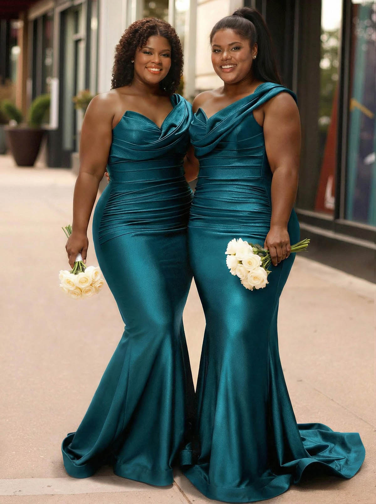 Trumpet/Mermaid One-Shoulder Sleeveless Sweep Train Stretch Satin Knit Bridesmaid Dresses, product image 12