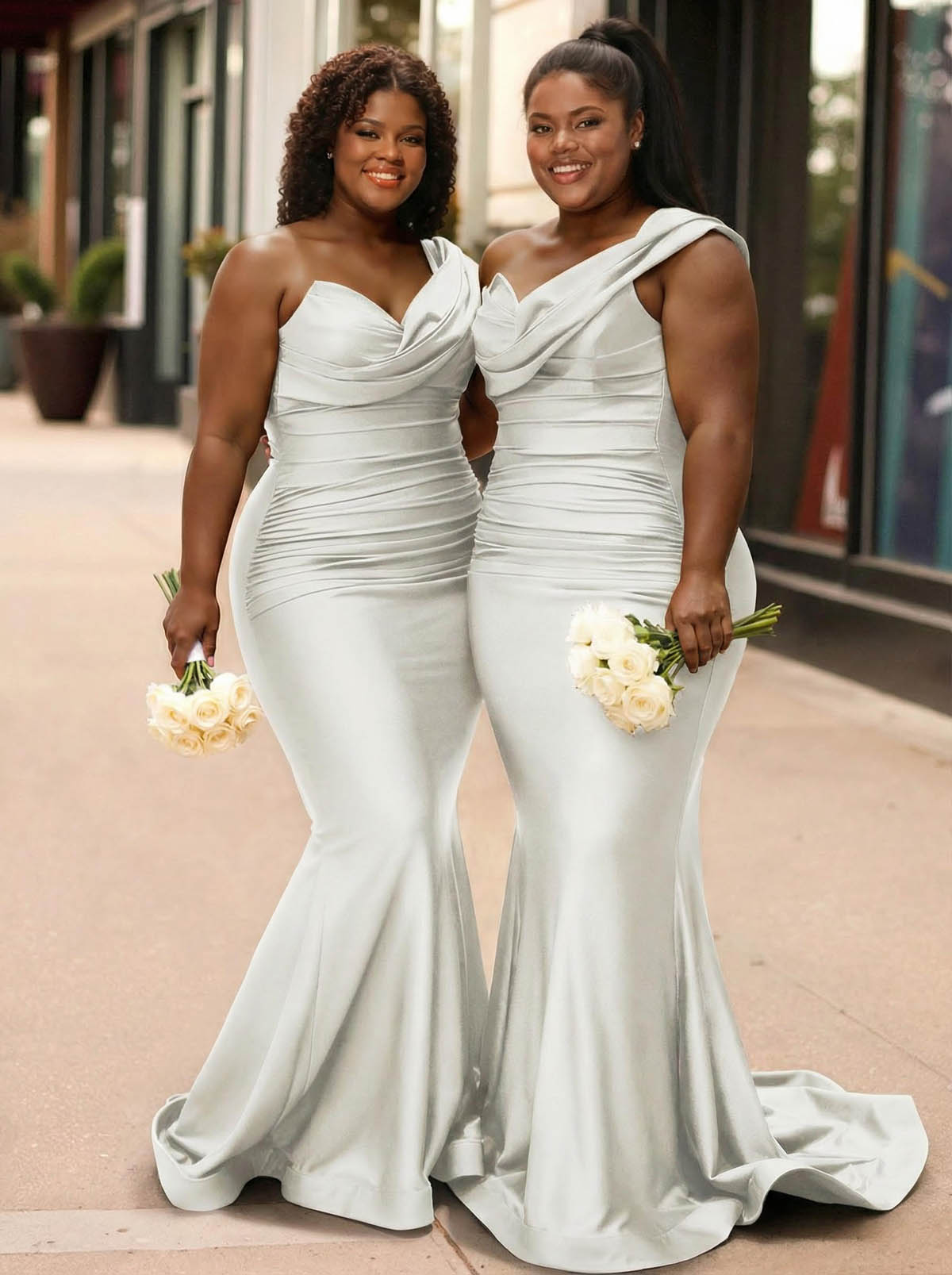 Trumpet/Mermaid One-Shoulder Sleeveless Sweep Train Stretch Satin Knit Bridesmaid Dresses, product image 51