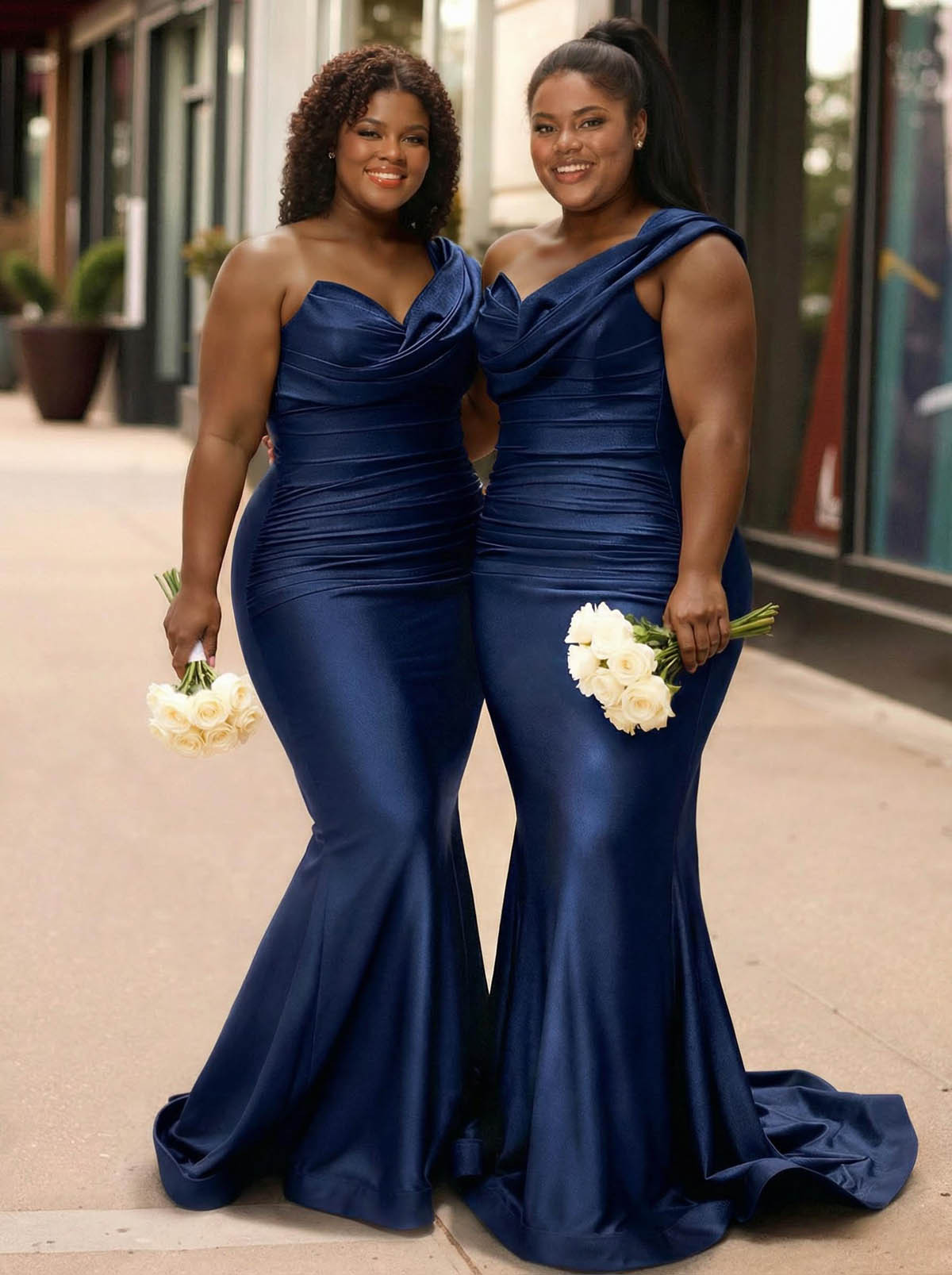 Trumpet/Mermaid One-Shoulder Sleeveless Sweep Train Stretch Satin Knit Bridesmaid Dresses, product image 8